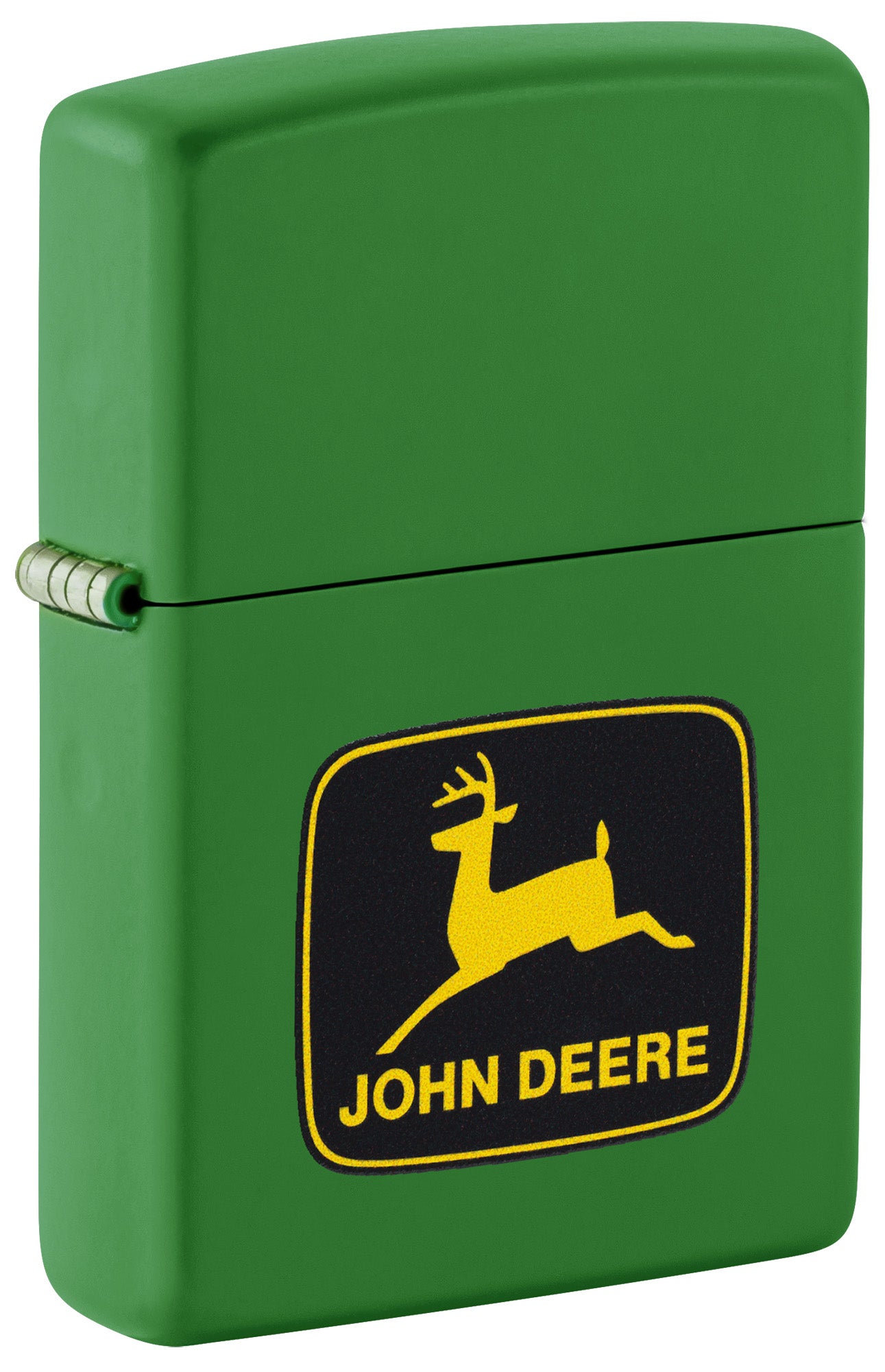 Front shot of Zippo John Deere Logo Design Moss Green Pocket Lighter standing at a 3/4 angle.