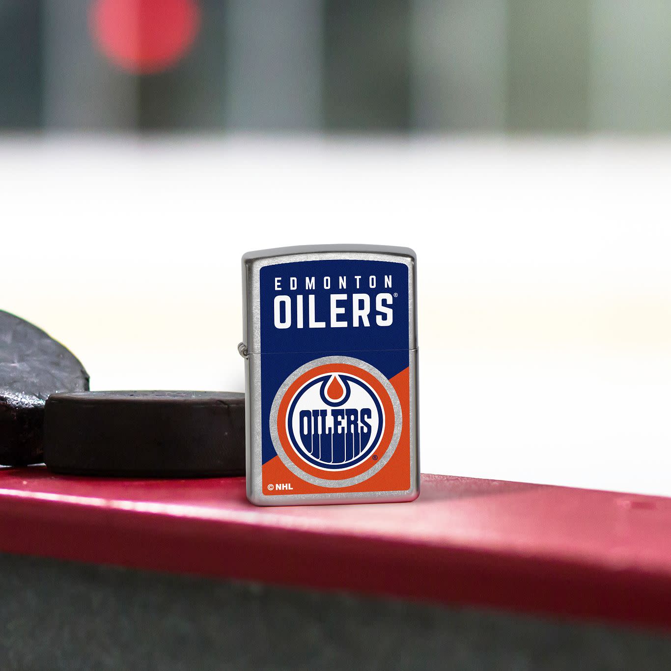 Front view of Zippo NHL® Edmonton Oilers® 2024 Street Chrome™ Windproof Lighter.