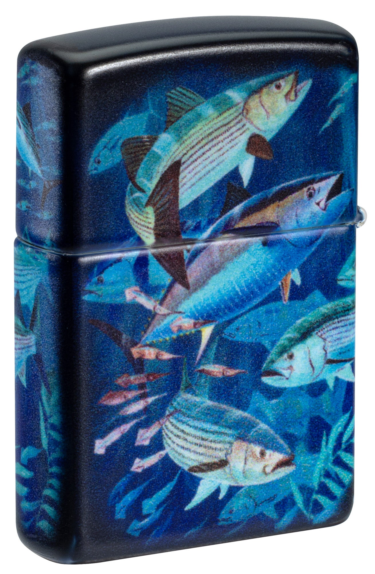Back view of Zippo Guy Harvey School of Fish Design White 540 Matte Windproof Lighter standing at a 3/4 angle.