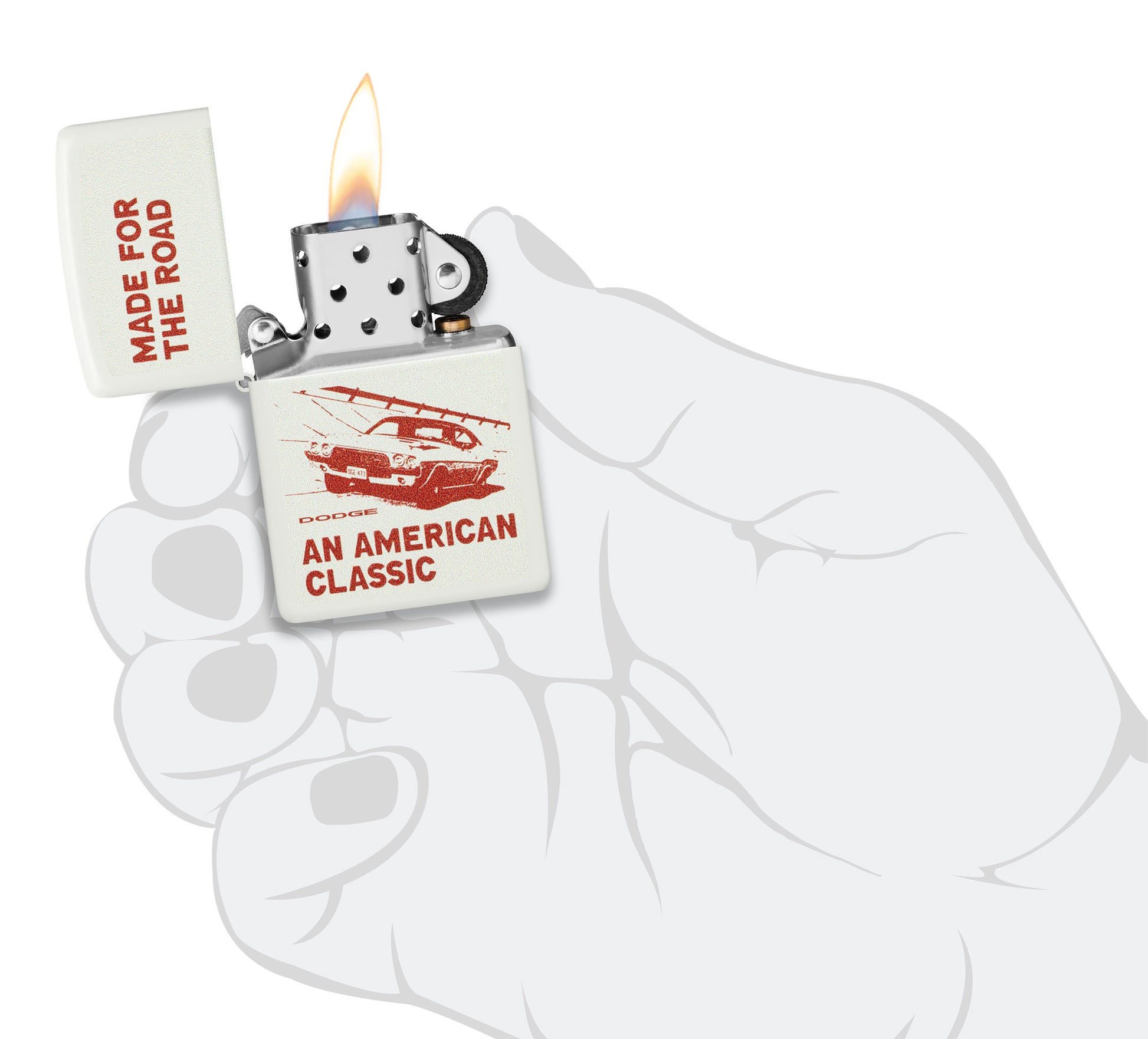 Zippo Dodge Made for the Road Design White Matte Windproof Lighter lit in hand.