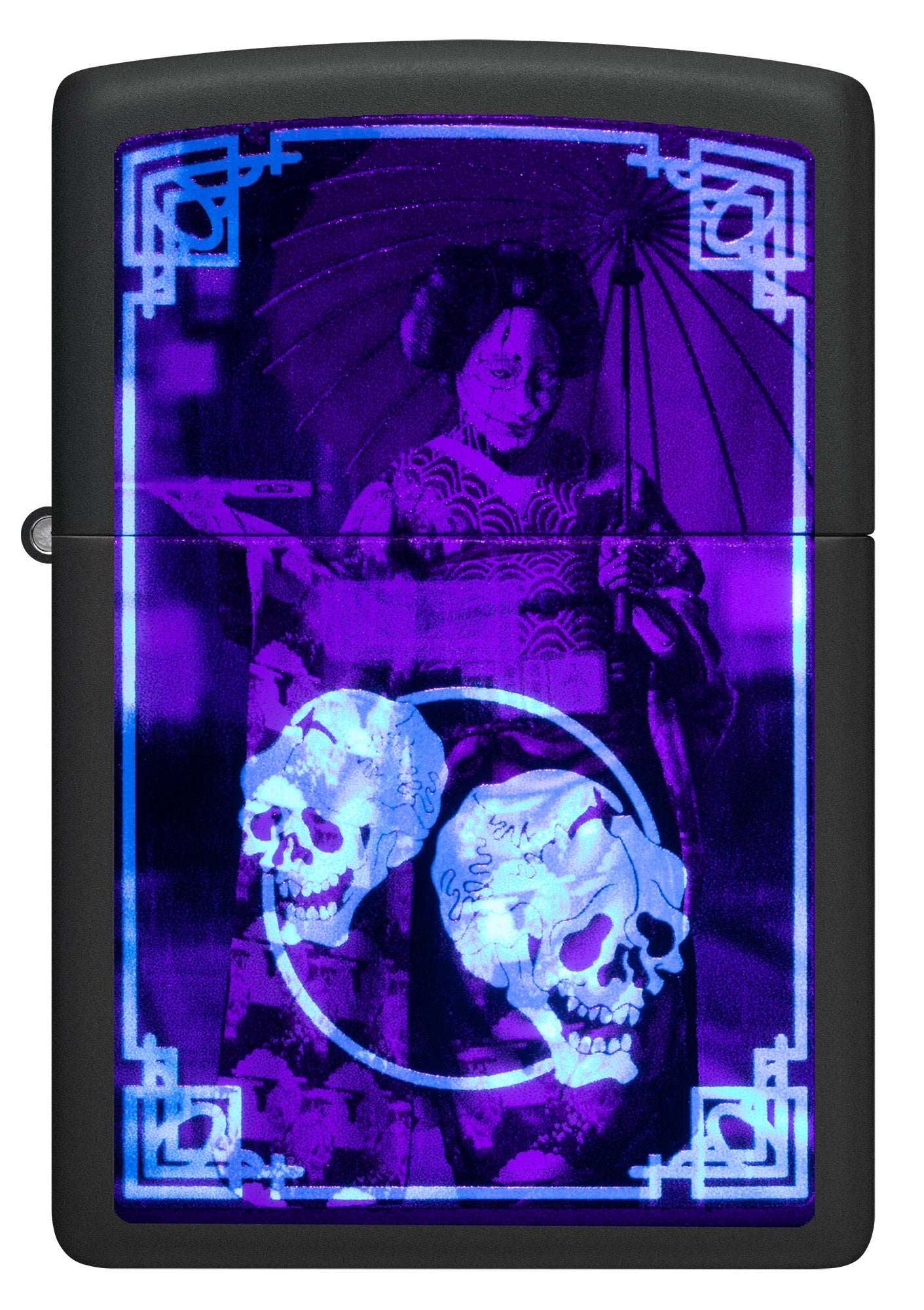 Front shot of Zippo Black Light Cyber Kimono Design Black Matte Windproof Lighter glowing with a black light.