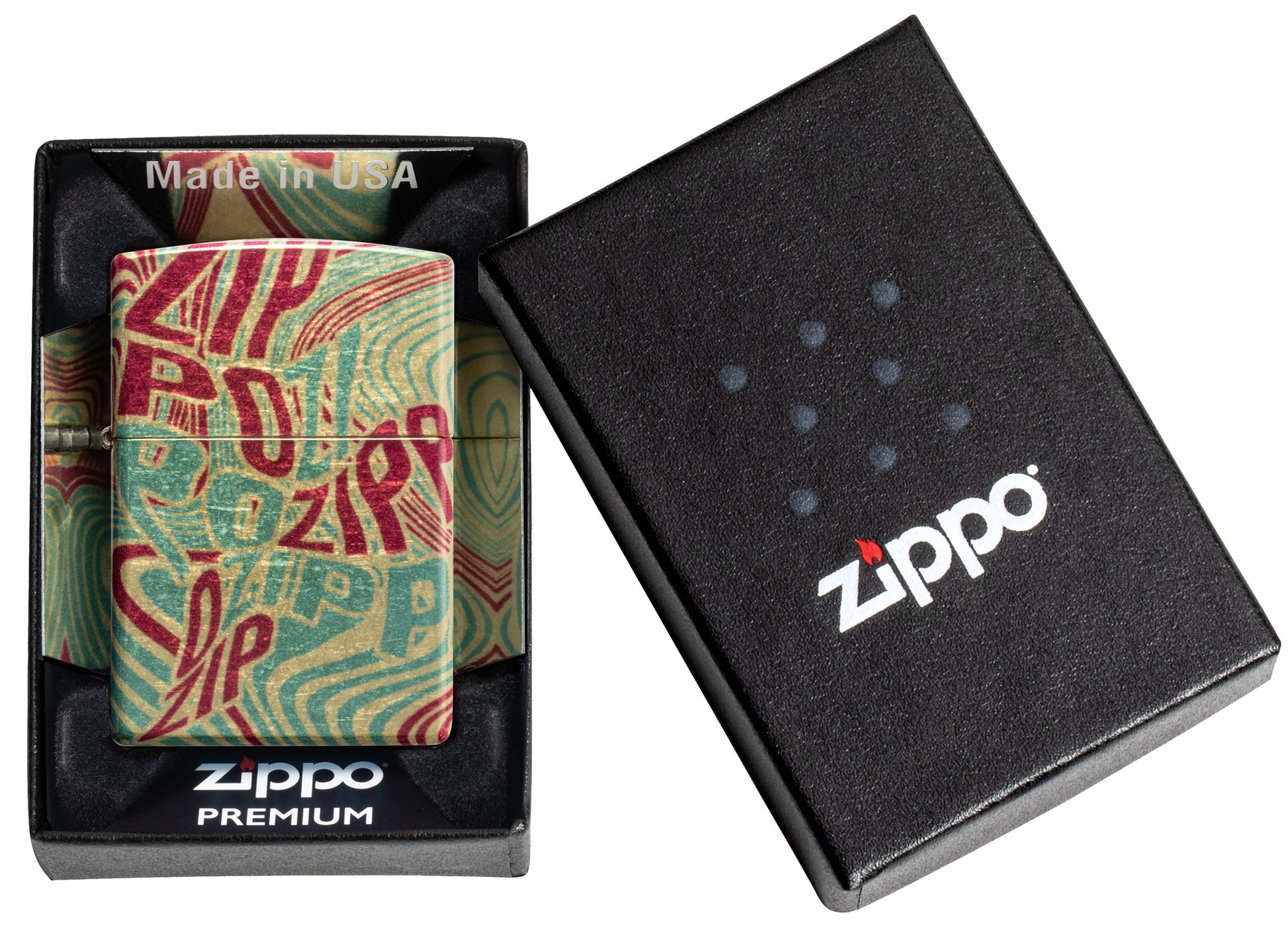 Zippo Zag Design 540 Tumbled Brass Windproof Lighter in its packaging.