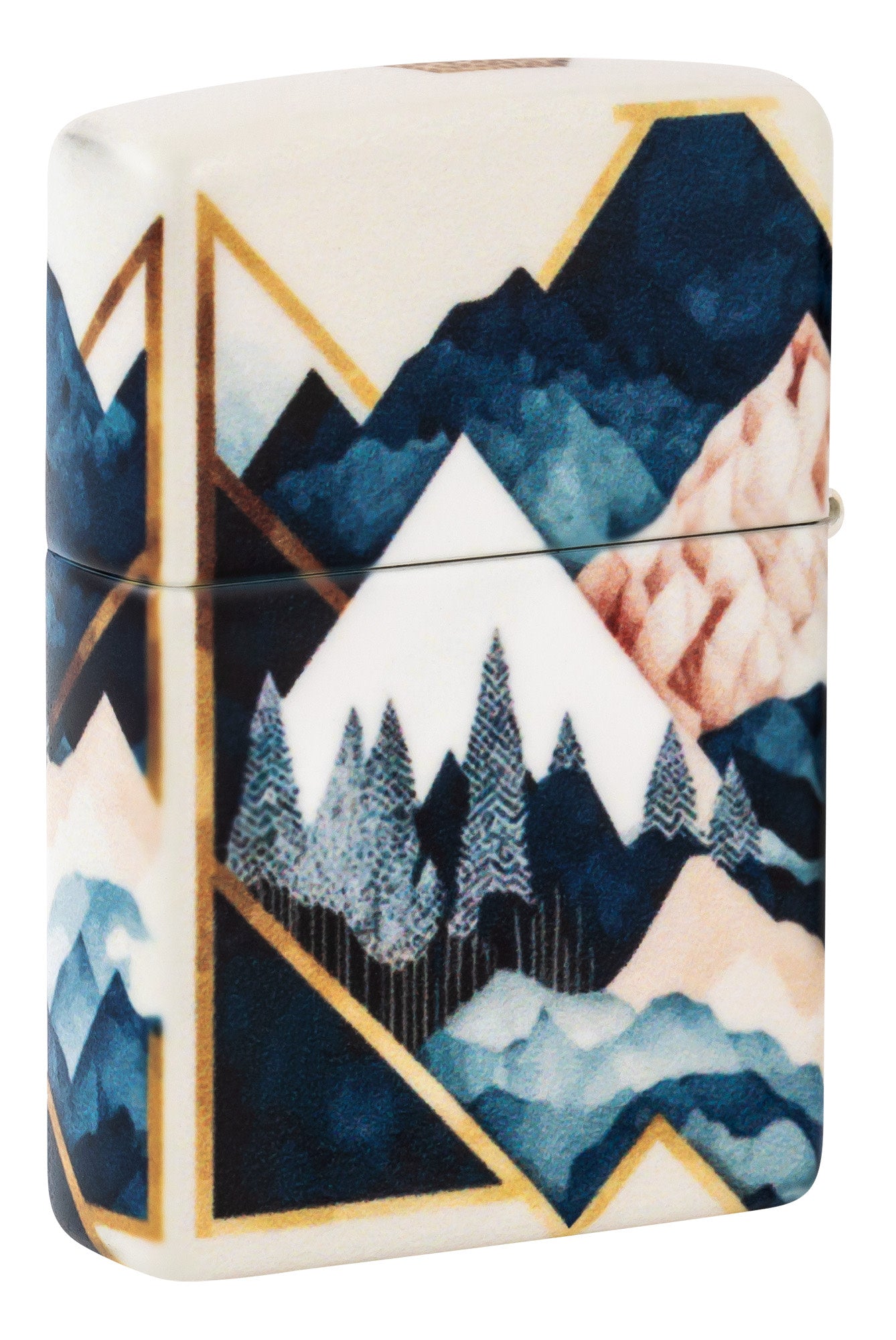 Back shot of Zippo Mountain Collage Design 540 Matte Windproof Lighter standing at a 3/4 angle.