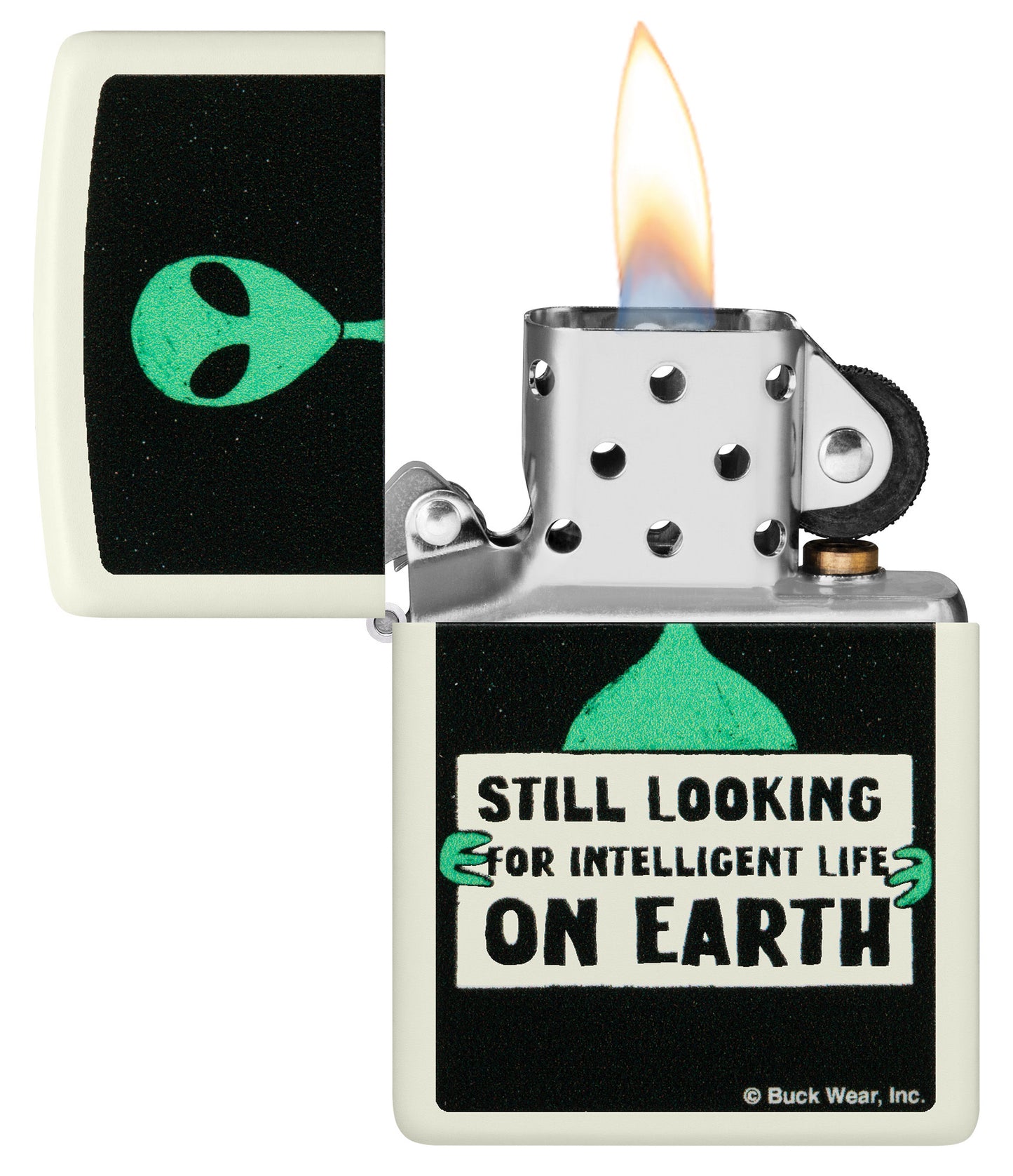 Zippo Buck Wear Alien Design Glow in the Dark Green Matte Windproof Lighter with its lid open and lit.