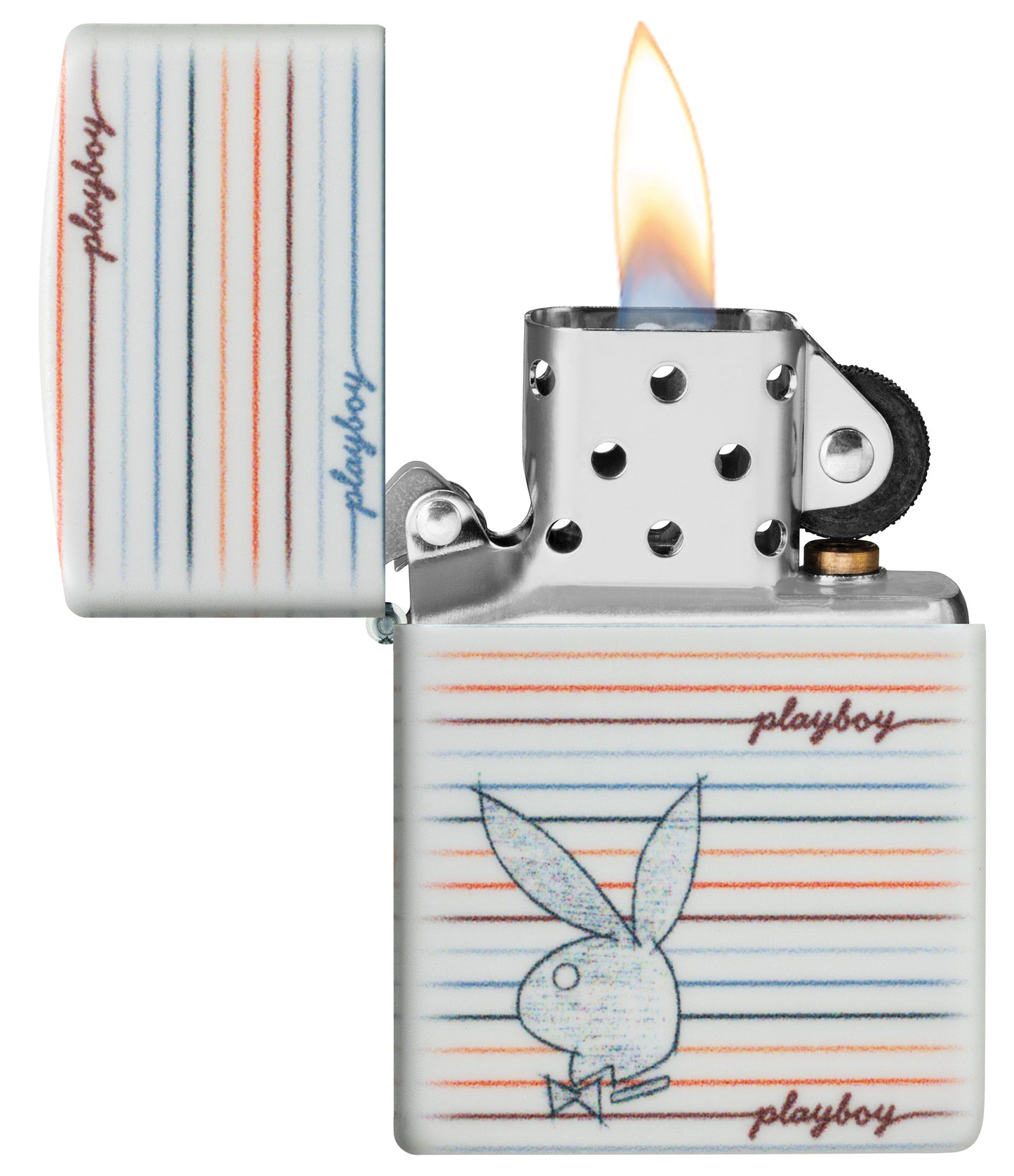 Zippo Playboy Rabbit Silhouette Line Design White 540 Matte Windproof Lighter with its lid open and lit.