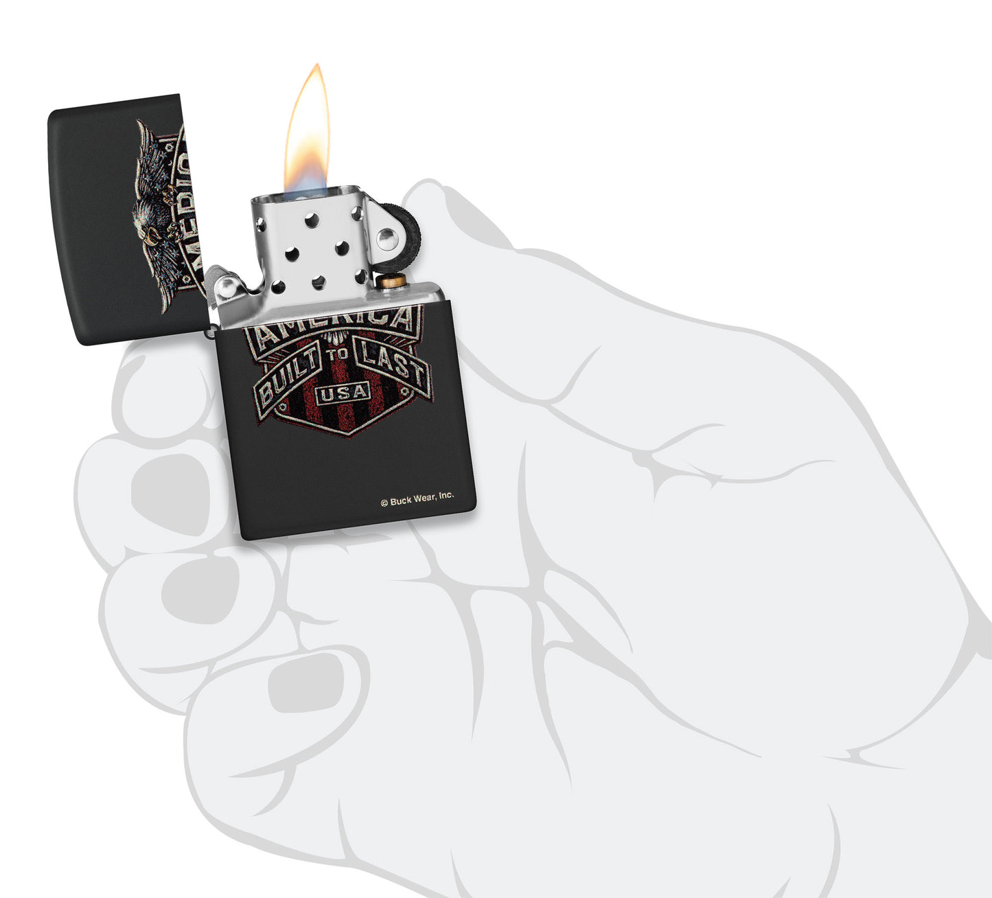 Zippo Buck Wear Eagle Design Black Matte Windproof Lighter lit in hand.