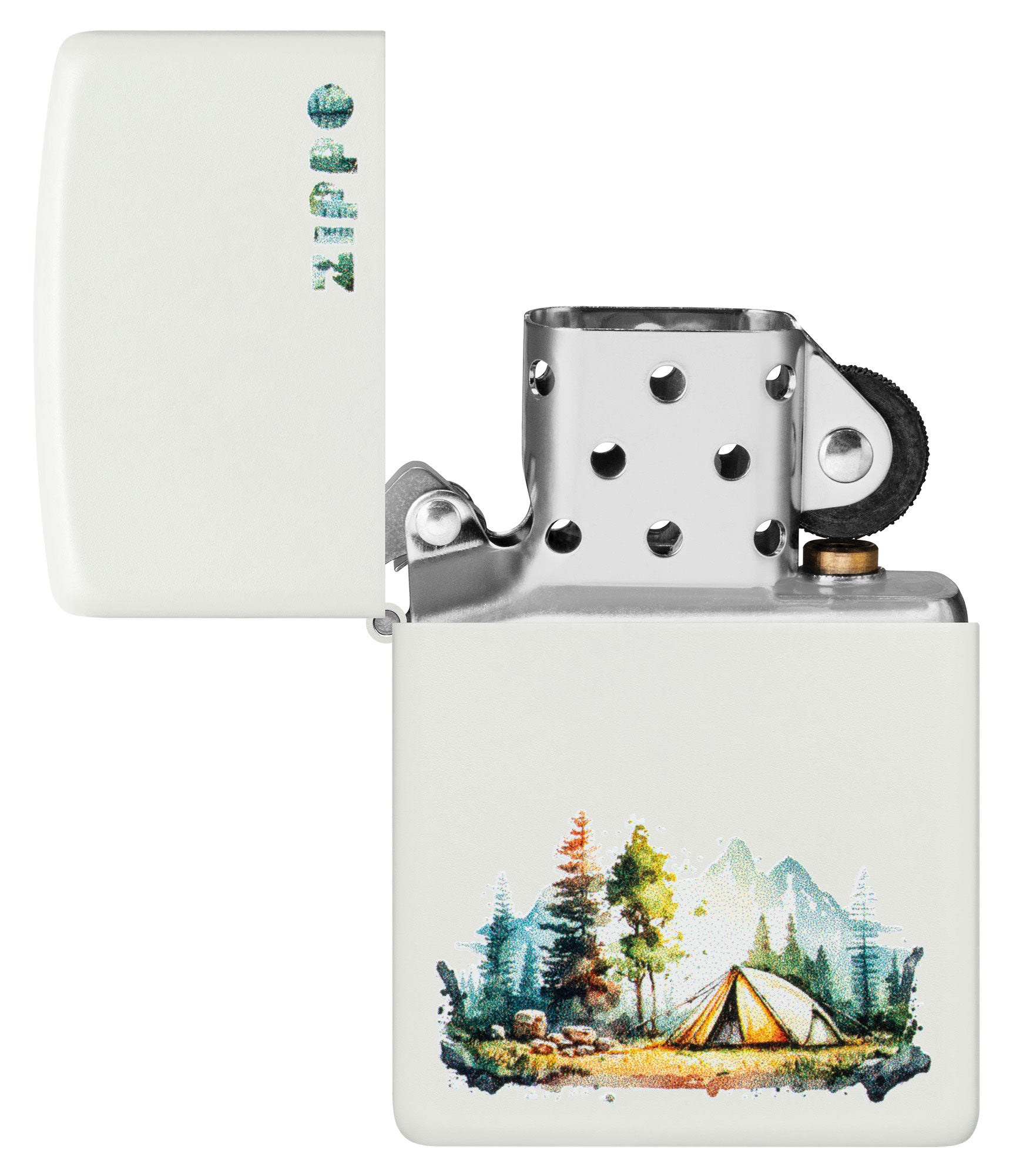 Zippo Nature Retreat Design White Matte Windproof Lighter with its lid open and unlit.