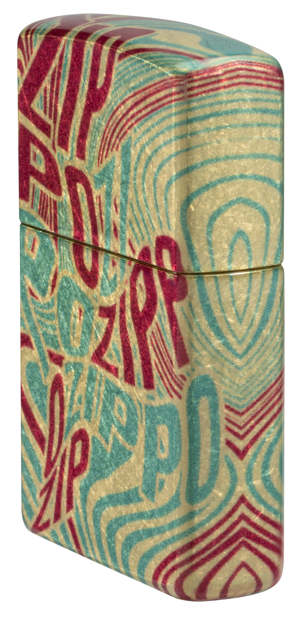 Angled shot of Zippo Zag Design 540 Tumbled Brass Windproof Lighter showing the front and right sides of the lighter.