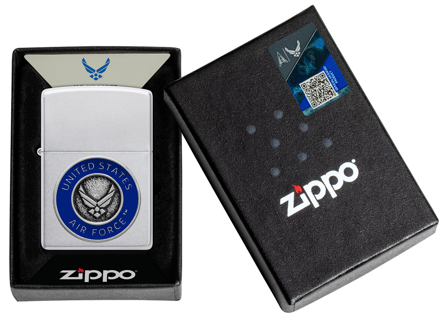 Zippo United States Air Forceâ„¢ Emblem Satin Chrome Windproof Lighter in its packaging.