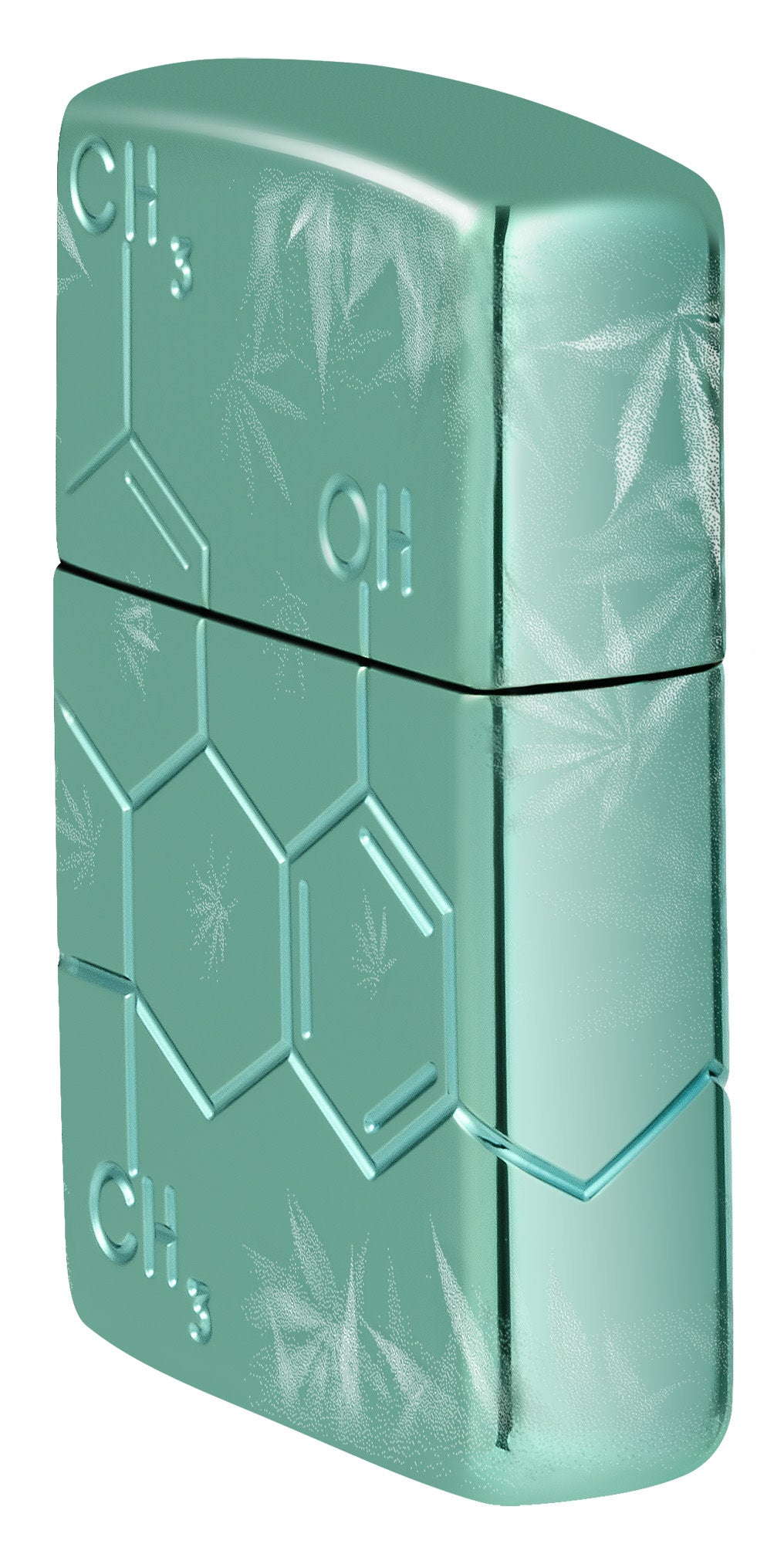 Angled shot of Zippo Cannabis Compound Design Armor® High Polish Green Windproof Lighter showing the front and right side of the lighter.