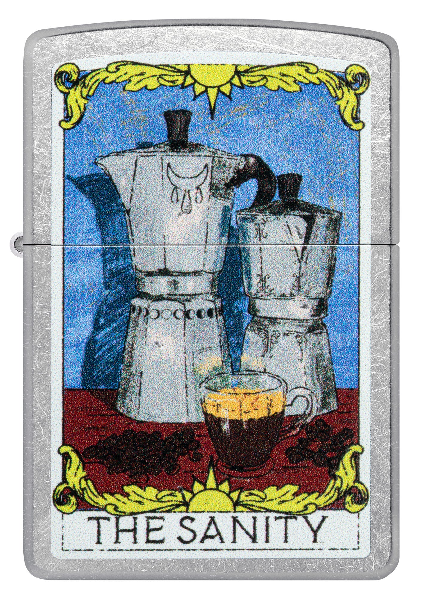 Front view of Zippo Coffee Sanity Street Chrome Windproof Lighter.