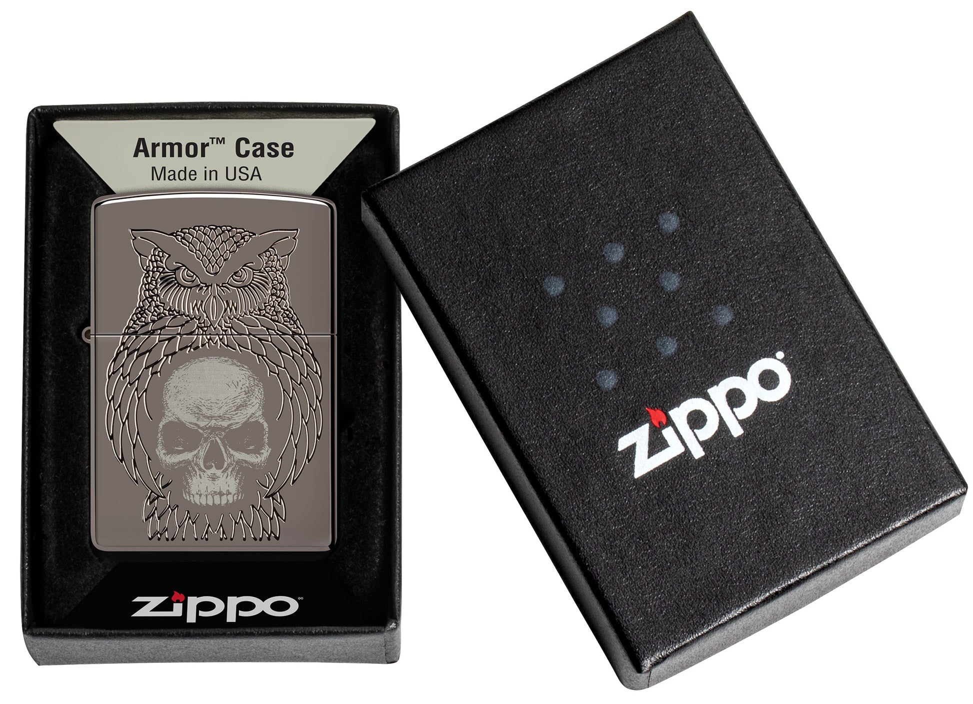 Zippo Night Owl Design Armor Black Ice Windproof Lighter in its packaging.
