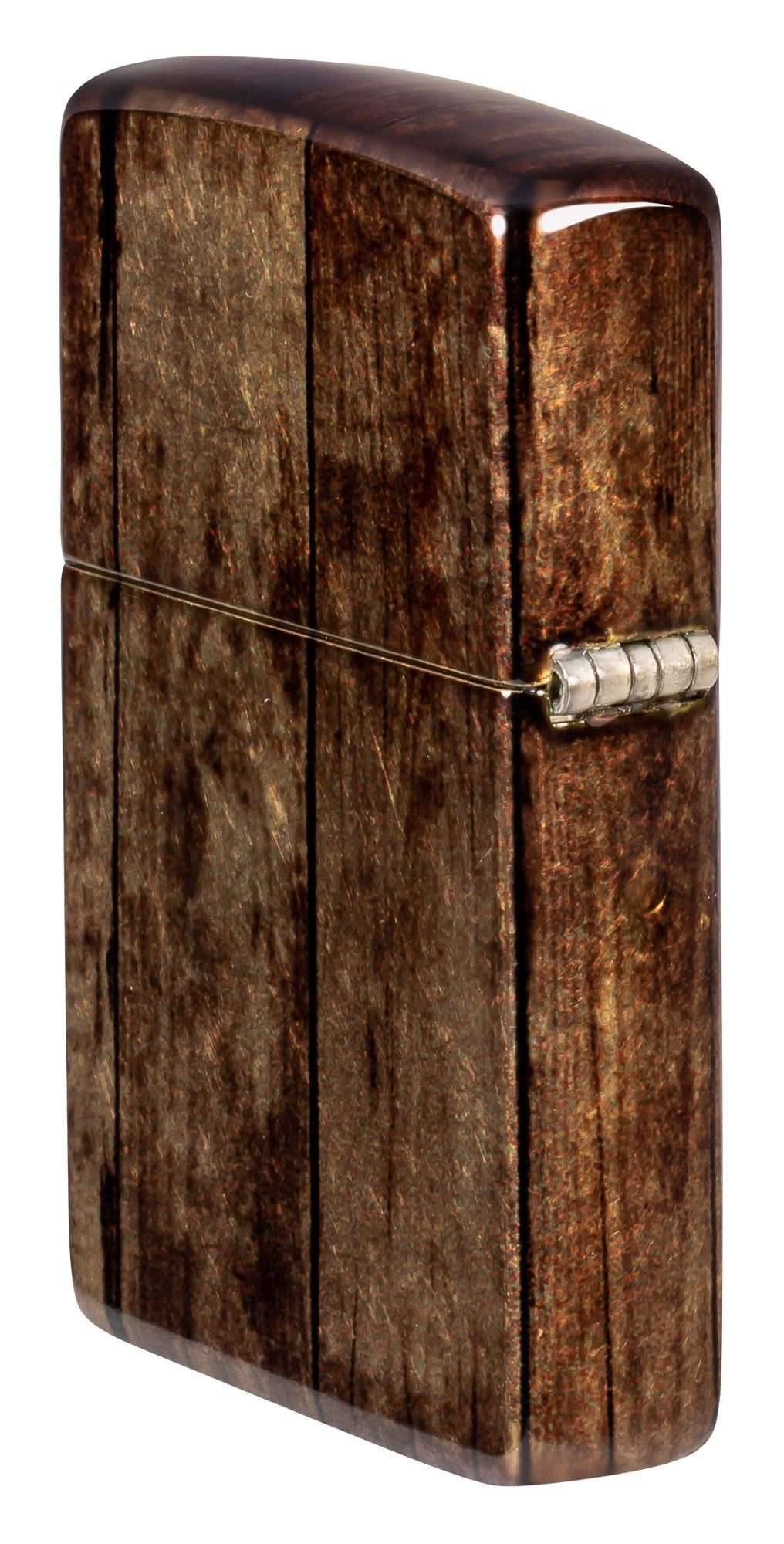 Angled shot of Zippo Jack Daniel's® Barrel Design 540 Tumbled Brass Windproof Lighter showing the back and hinge side of the lighter.