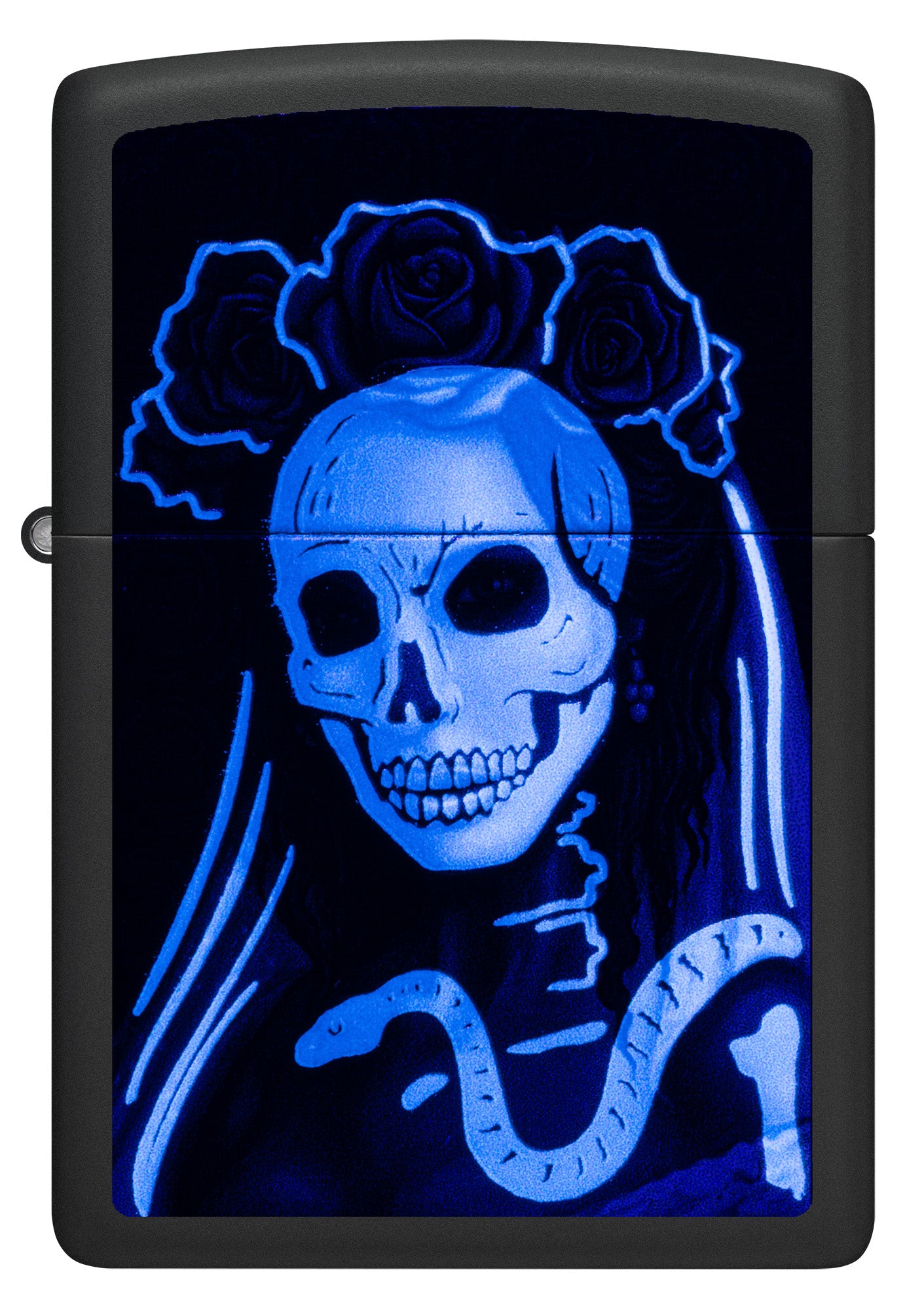 Zippo Til Death Design Black Matte Windproof Lighter glowing under a blacklight.