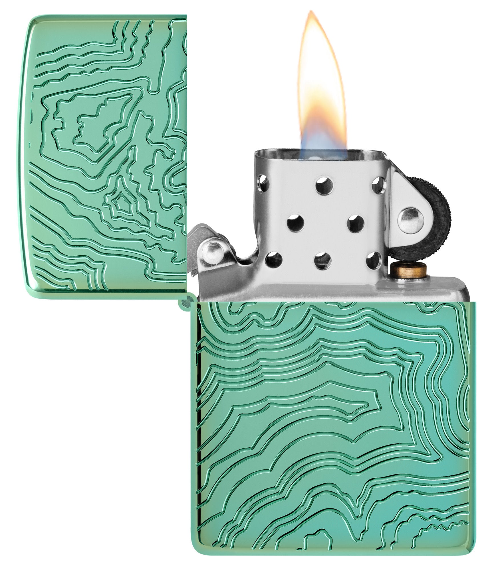 Zippo Map Armor High Polish Green Windproof Lighter with its lid open and lit.