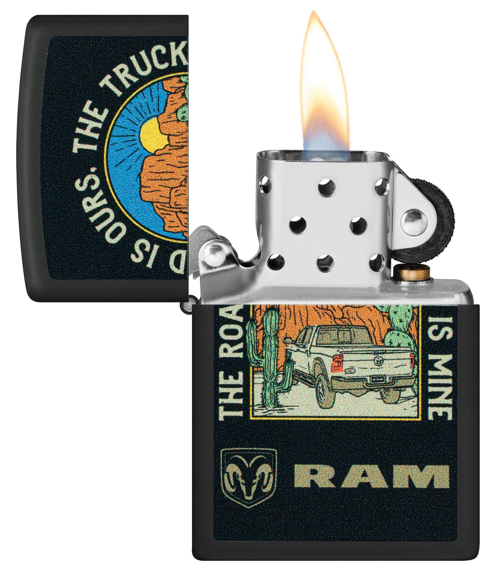 Zippo Ram The Truck is Mine Design Black Matte Windproof Lighter with its lid open and lit.