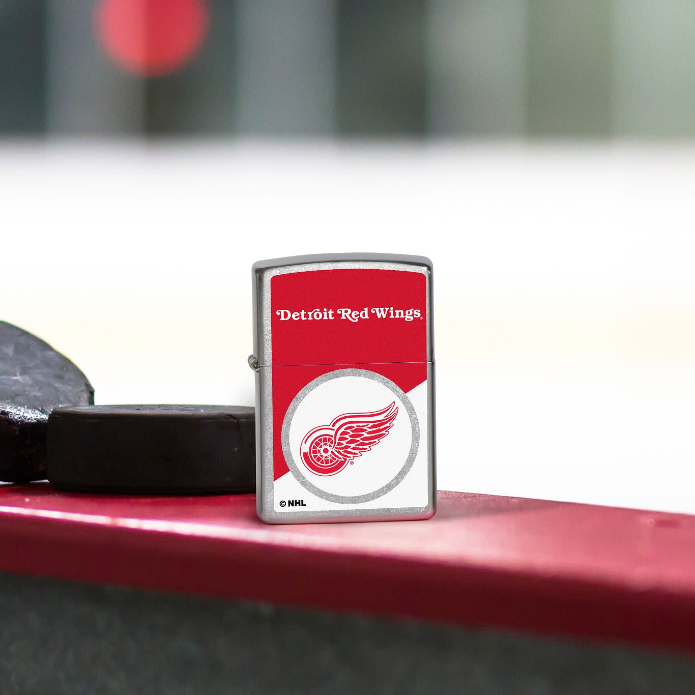 Front view of Zippo NHL® Detroit Red Wings® 2024 Street Chrome™ Windproof Lighter.