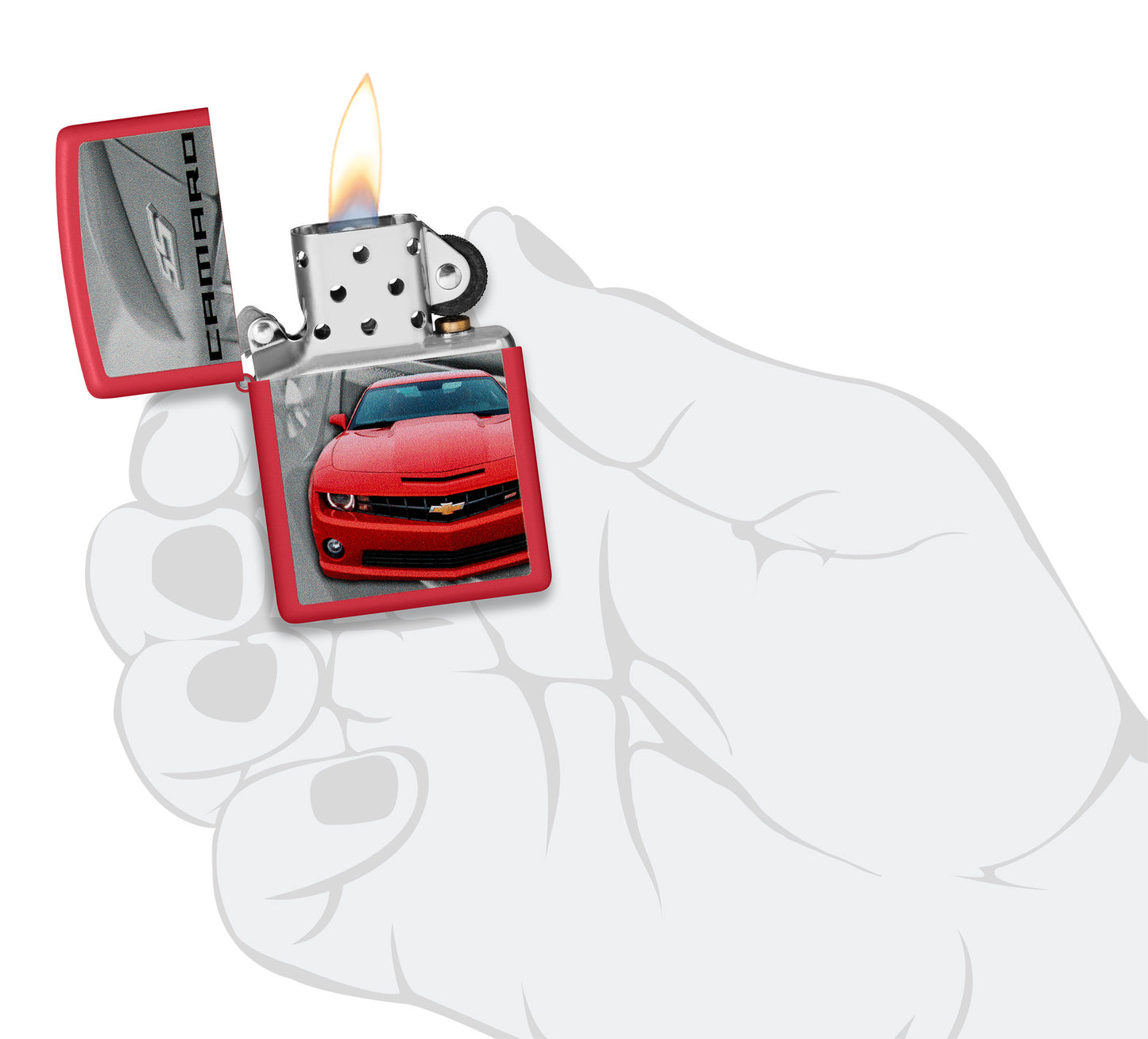 Zippo Chevrolet® Camaro Design Red Matte Windproof Lighter lit in hand.