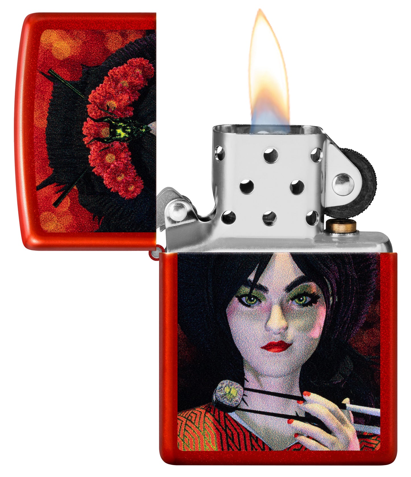 Zippo Dinner for Two Design Metallic Red Windproof Lighter with its lid open and lit.