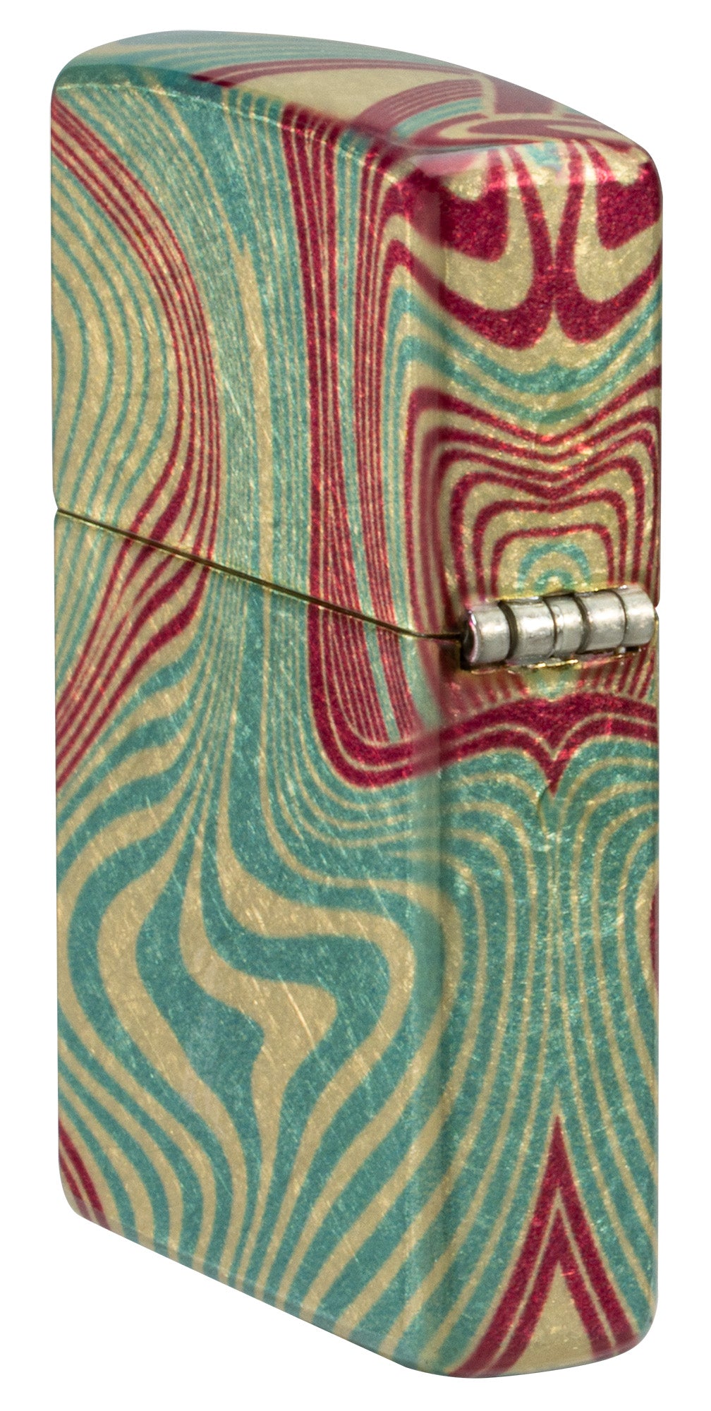 Angled shot of Zippo Zag Design 540 Tumbled Brass Windproof Lighter showing the back and hinge sides of the lighter.