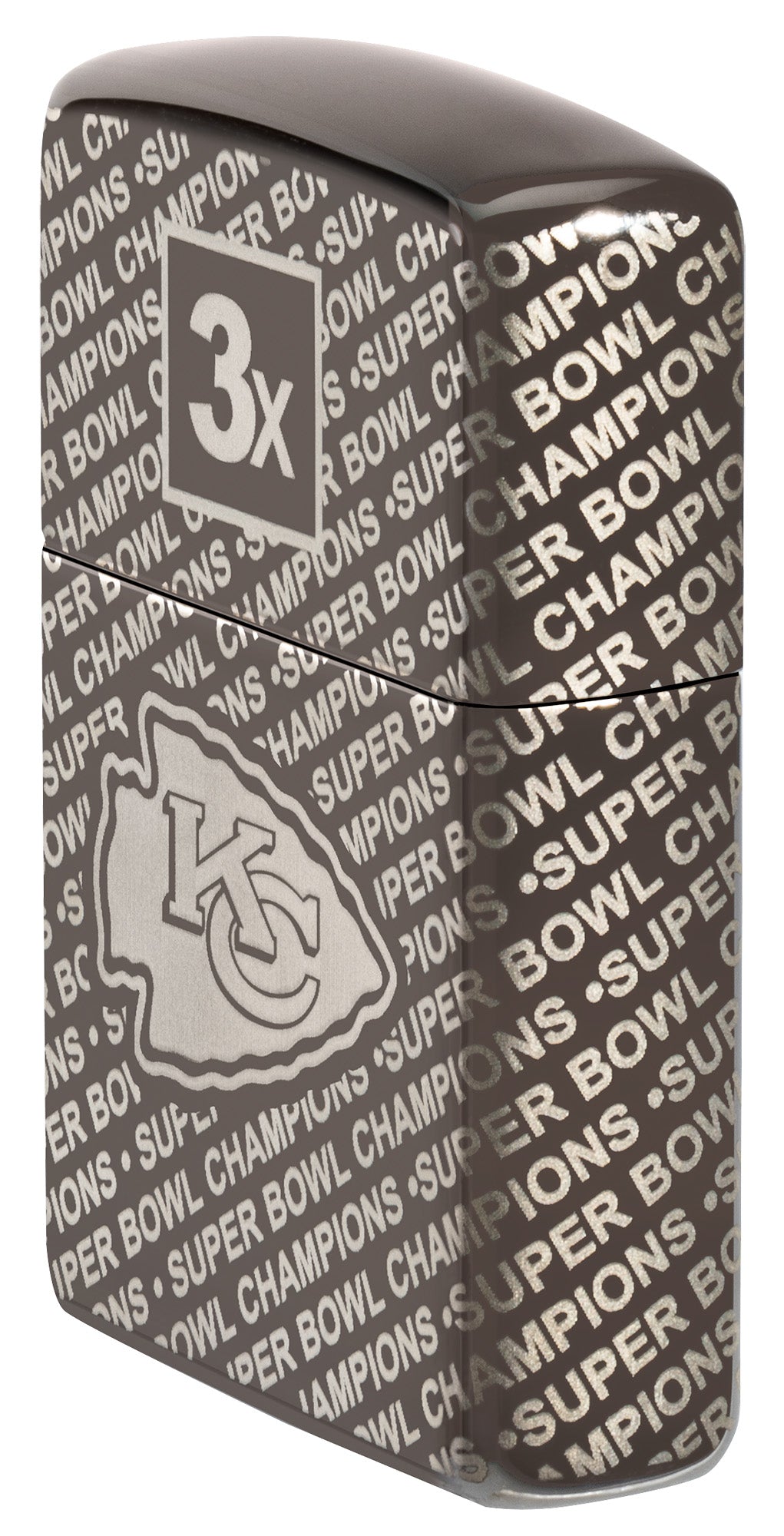 Angled shot of Zippo NFL Kansas City Chiefs Super Bowl Commemorative Armor Black Ice Windproof Lighter showing the front and right side of the lighter.