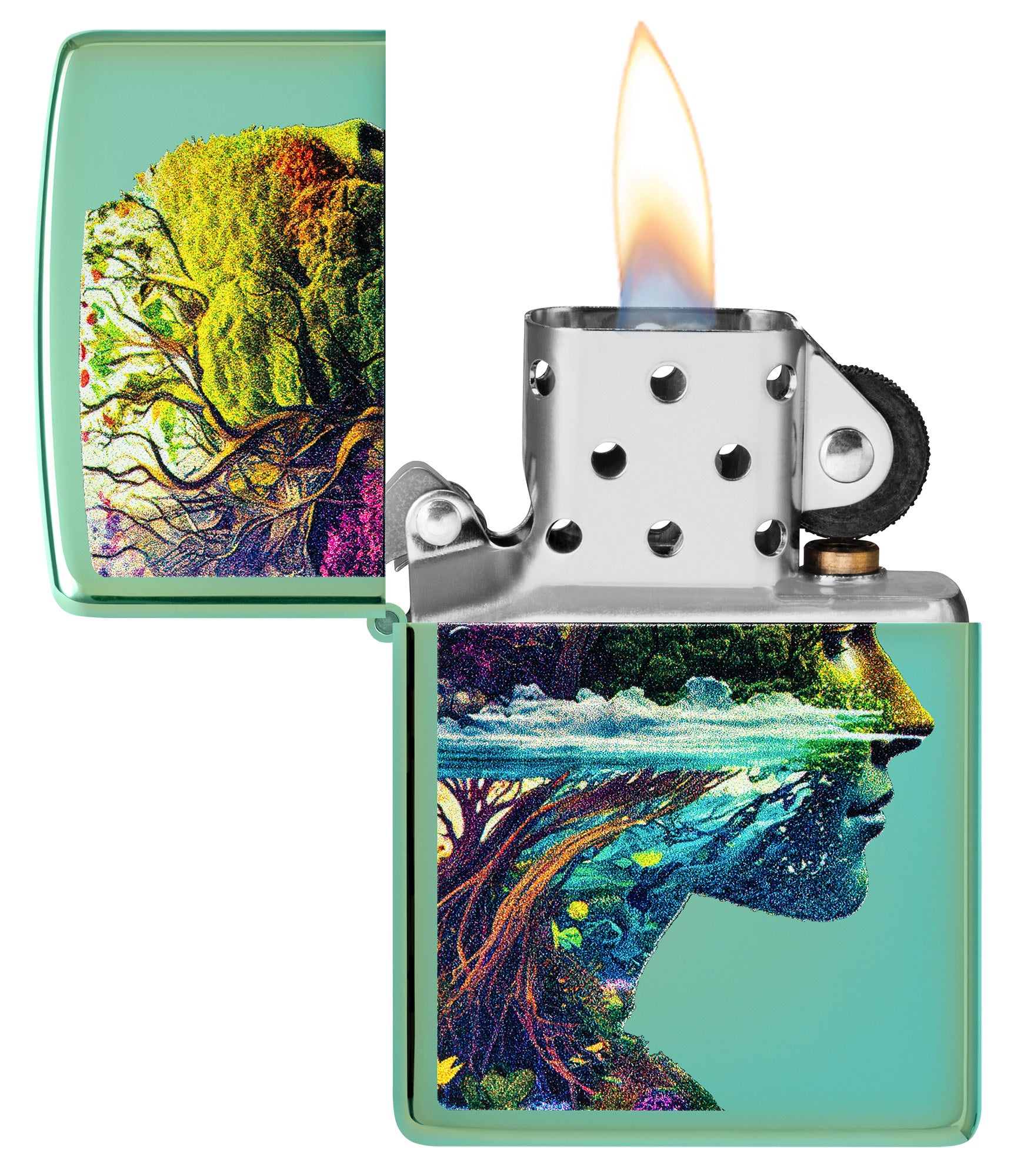 Zippo One with Nature Design High Polish Green Windproof Lighter with its lid open and lit.