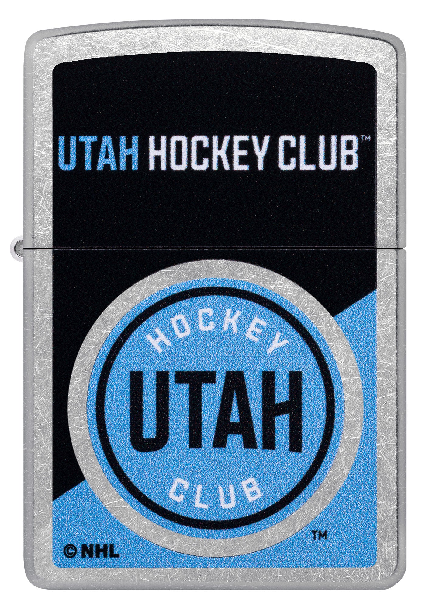 Zippo NHL® Utah Hockey Club® 2024 Street Chrome™ Windproof Lighter with its lid open and lit.