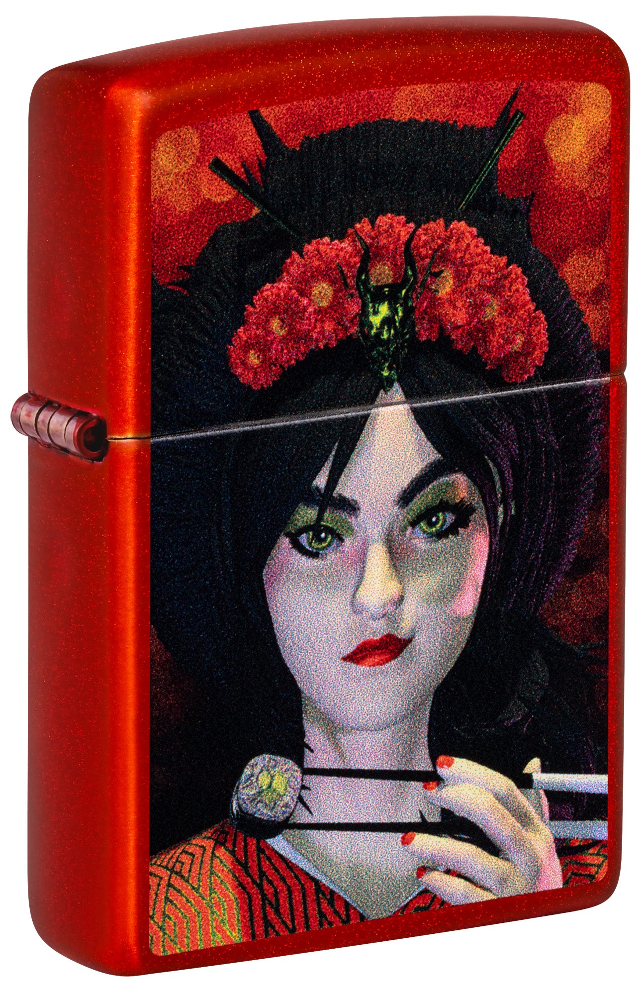 Front shot of Zippo Dinner for Two Design Metallic Red Windproof Lighter standing at a 3/4 angle.