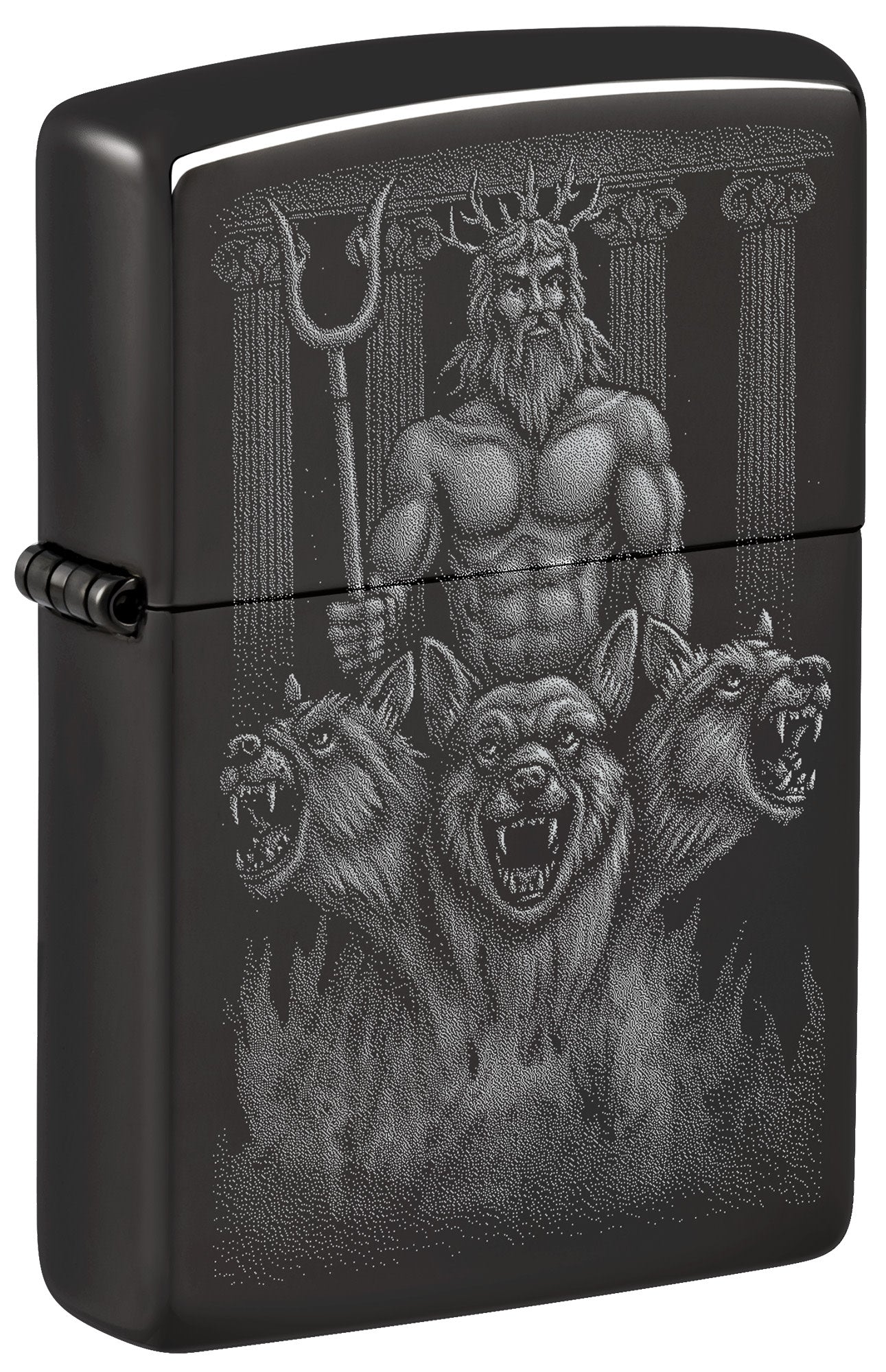 Front shot of Zippo Greek Dogs Design High Polish Black Windproof Lighter standing at a 3/4 angle.