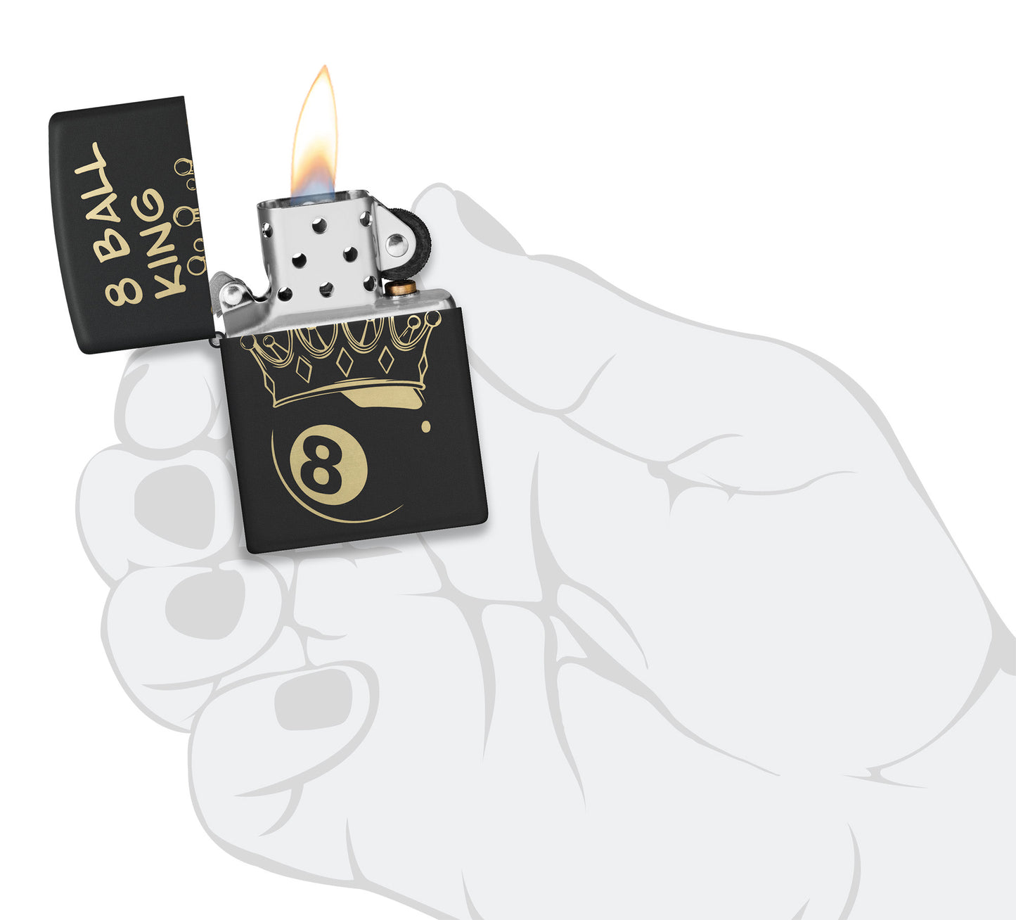 Zippo Billiards Champion Design Black Matte Windproof Lighter lit in hand.