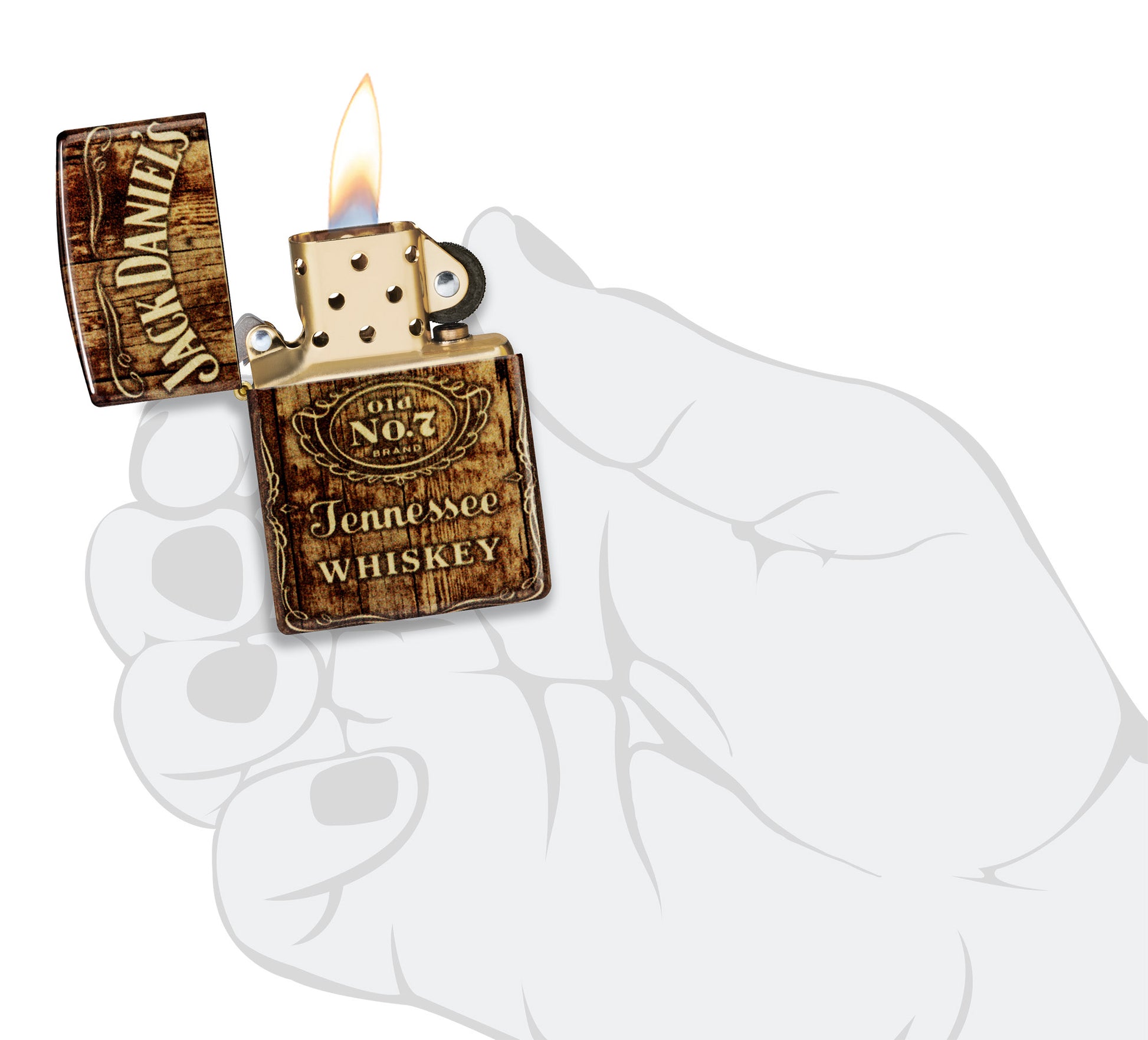 Zippo Jack Daniel's® Barrel Design 540 Tumbled Brass Windproof Lighter lit in hand.