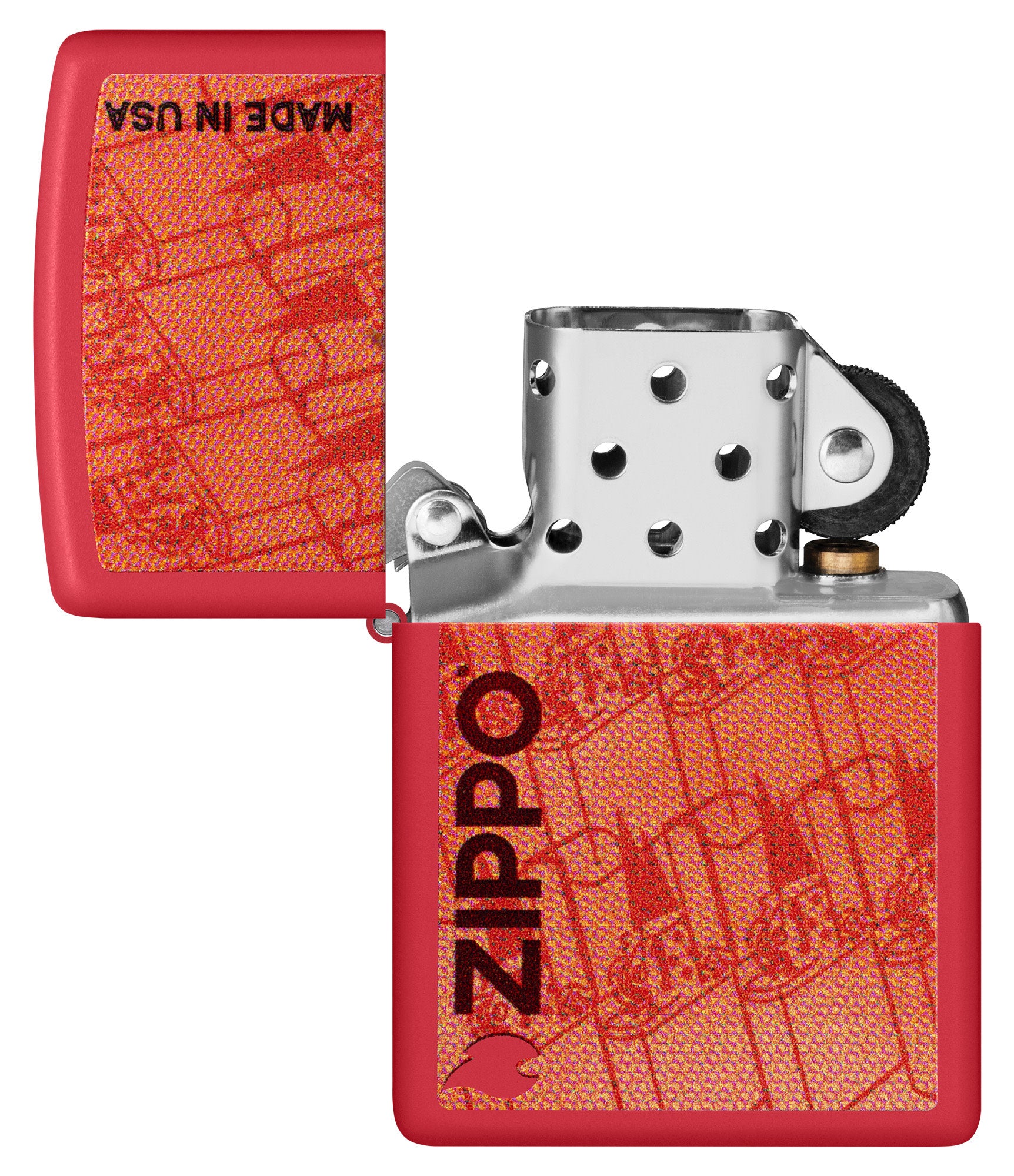 Zippo Made in USA Design Red Matte Windproof Lighter with its lid open and unlit.