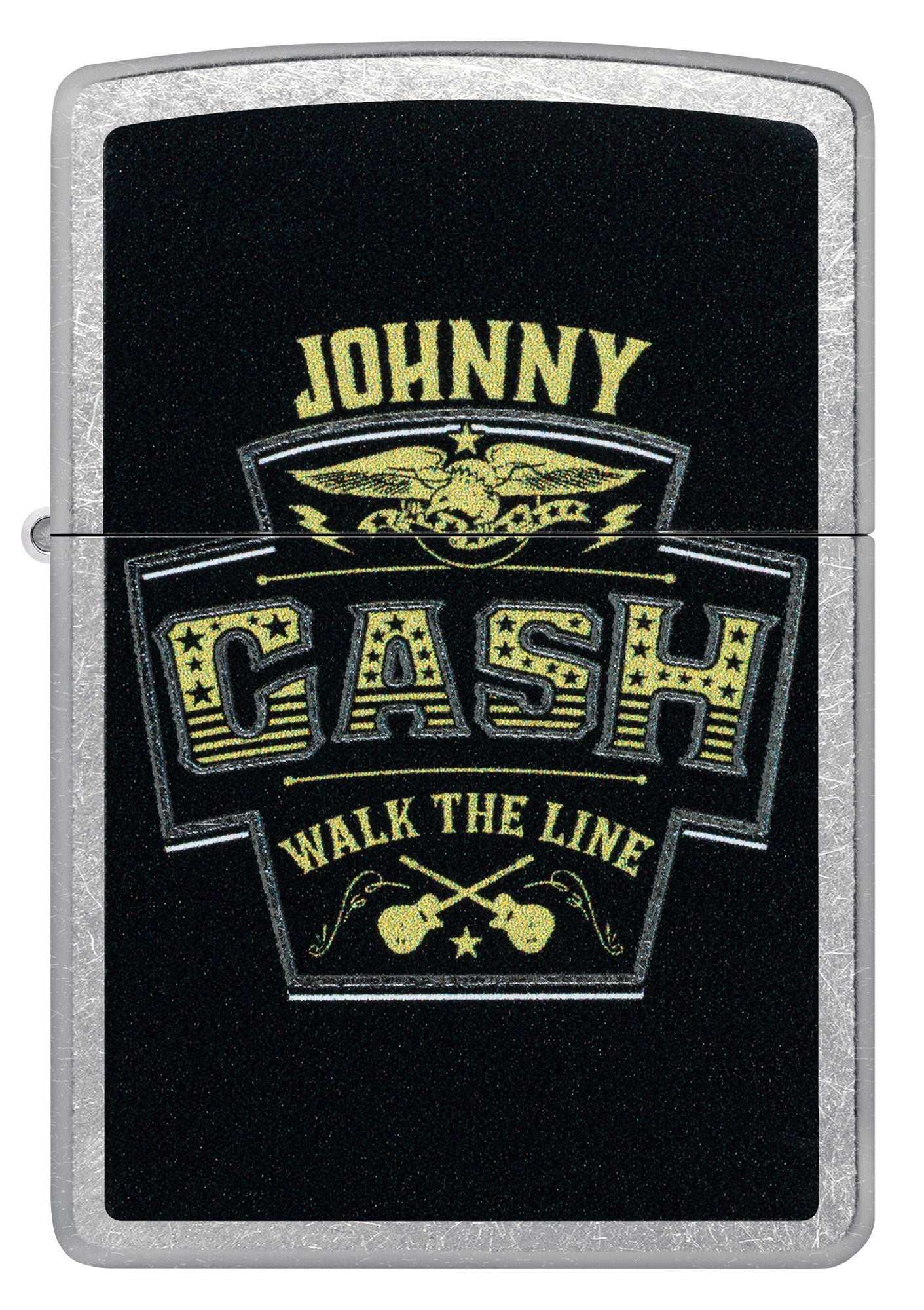Front shot of Zippo Johnny Cash Marquee Design Street Chrome Windproof Lighter.