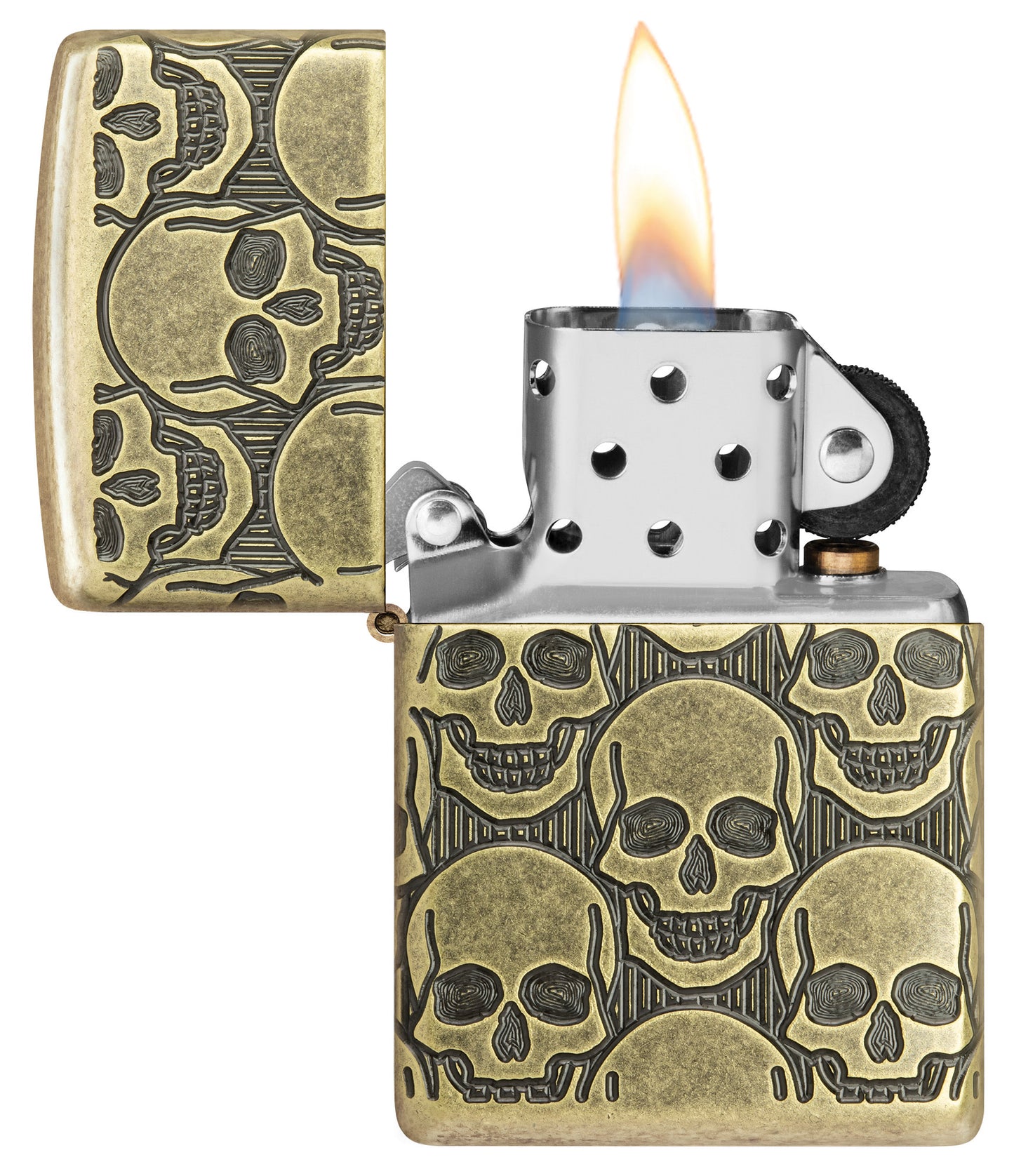 Zippo Cackling Cranium Design Armor® Antique Brass Windproof Lighter with its lid open and lit.