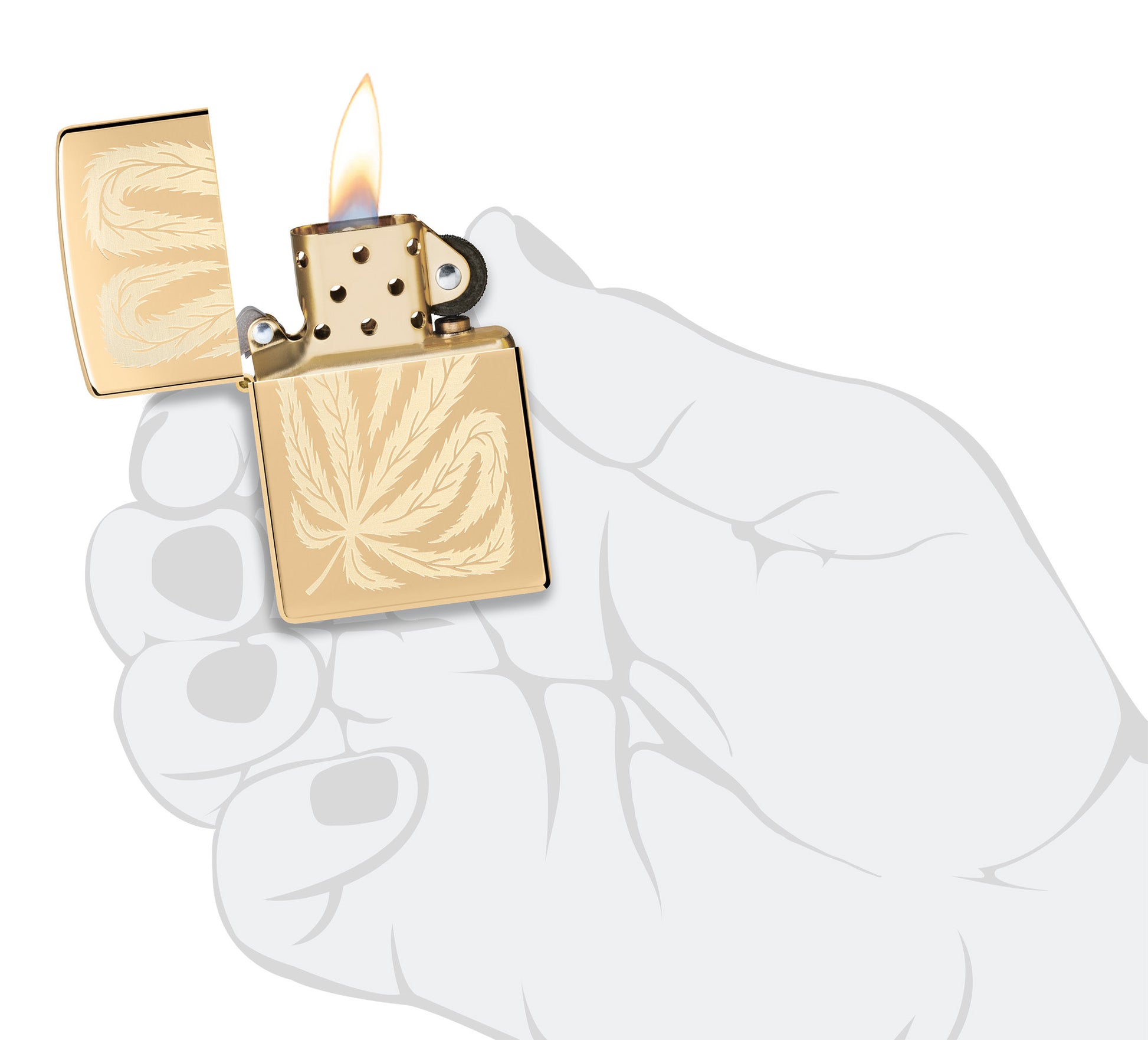 Zippo Leaf Feather Design High Polish Brass Windproof Lighter lit in hand.