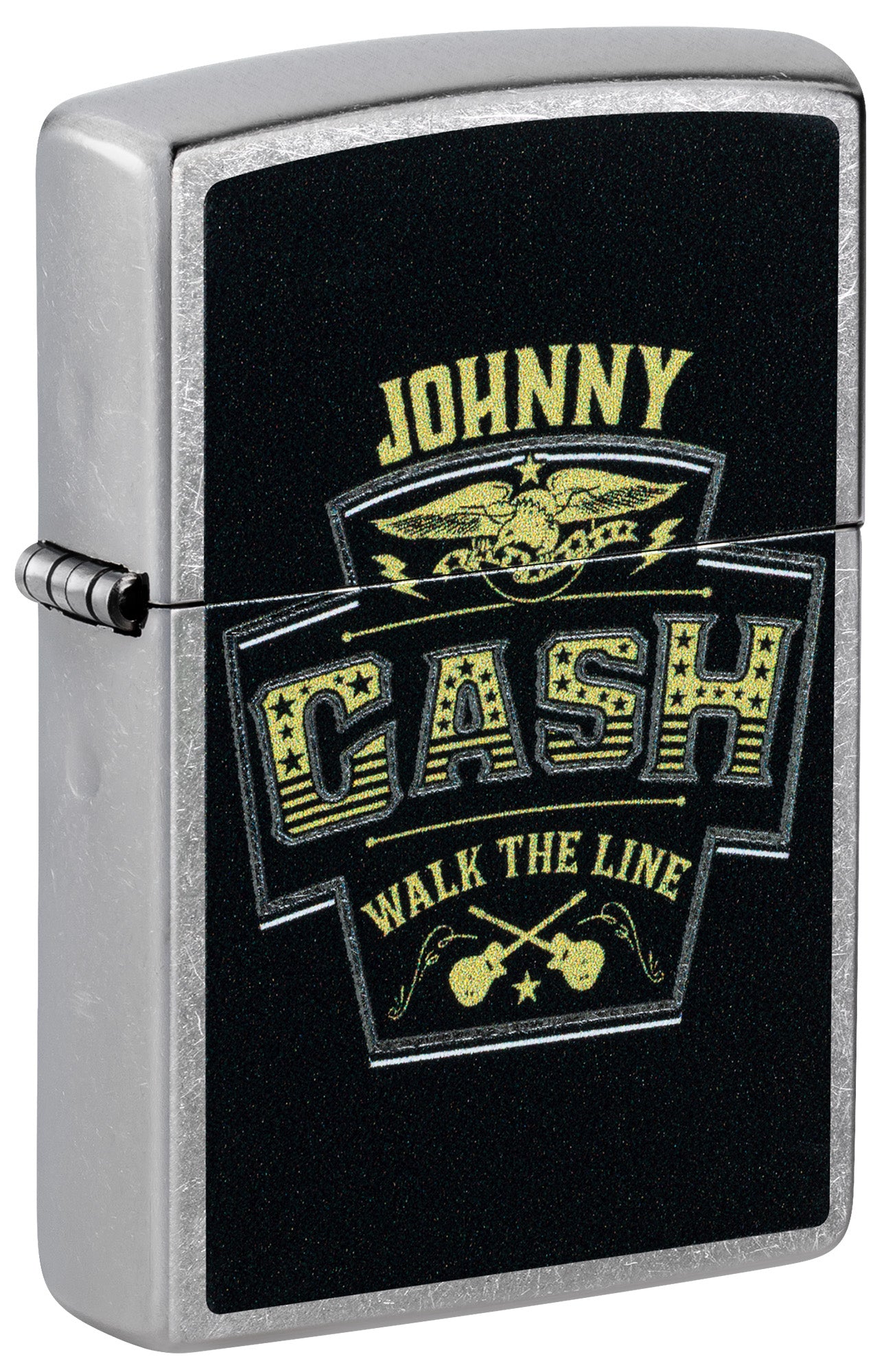 Front shot of Zippo Johnny Cash Marquee Design Street Chrome Windproof Lighter standing at a 3/4 angle.