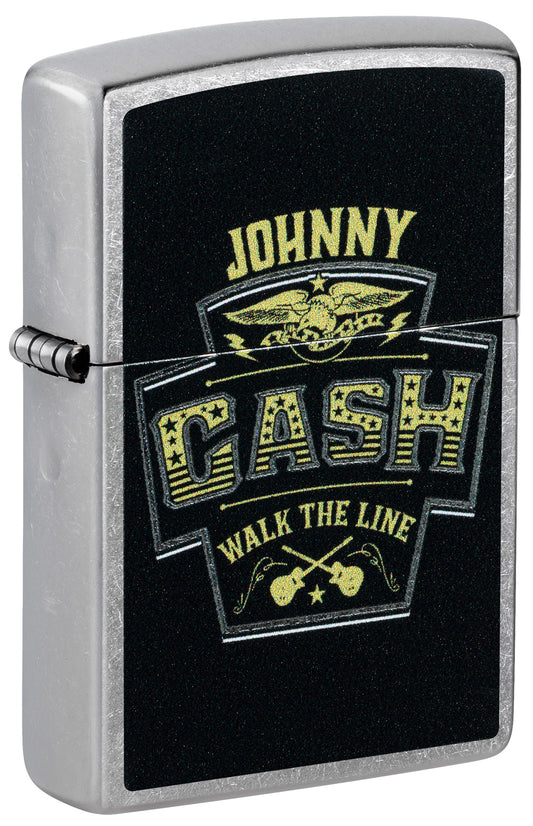 Front shot of Zippo Johnny Cash Marquee Design Street Chrome Windproof Lighter standing at a 3/4 angle.