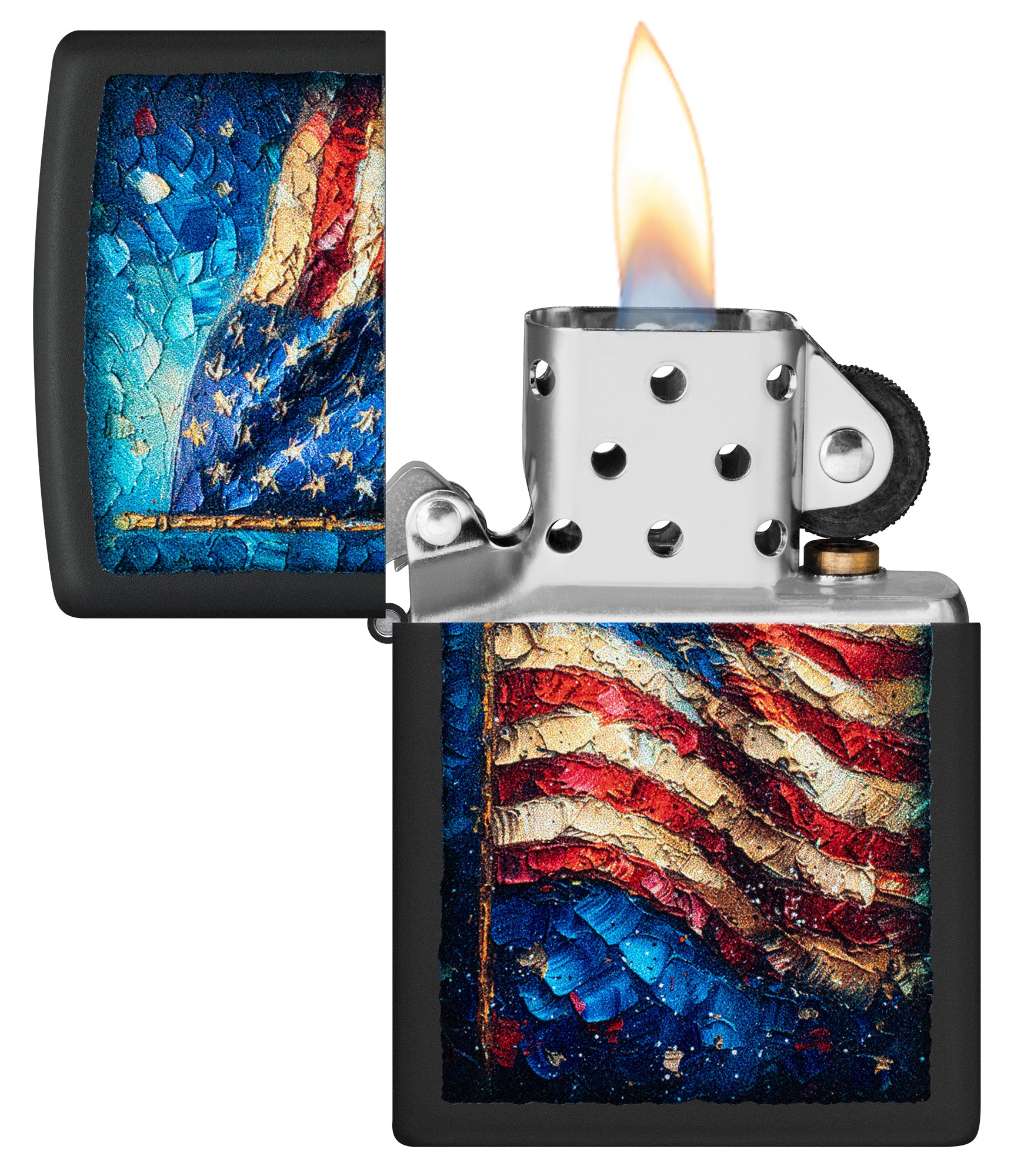 Zippo Painted Flag Design Black Matte Windproof Lighter with its lid open and lit.