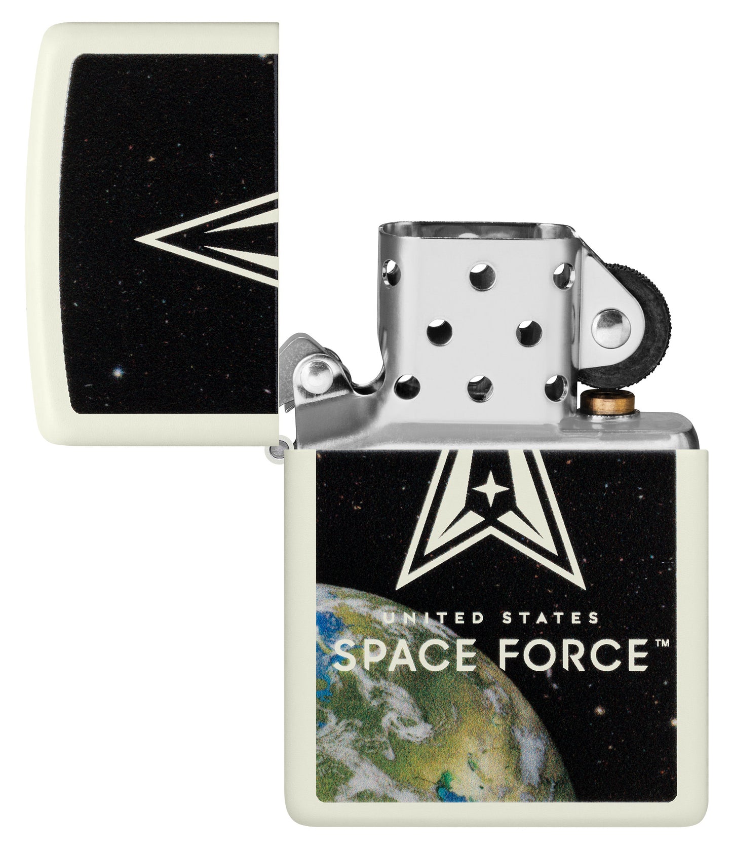 Zippo U.S. Space Forceâ„¢ Glow in the Dark Windproof Lighter with its lid open and unlit.