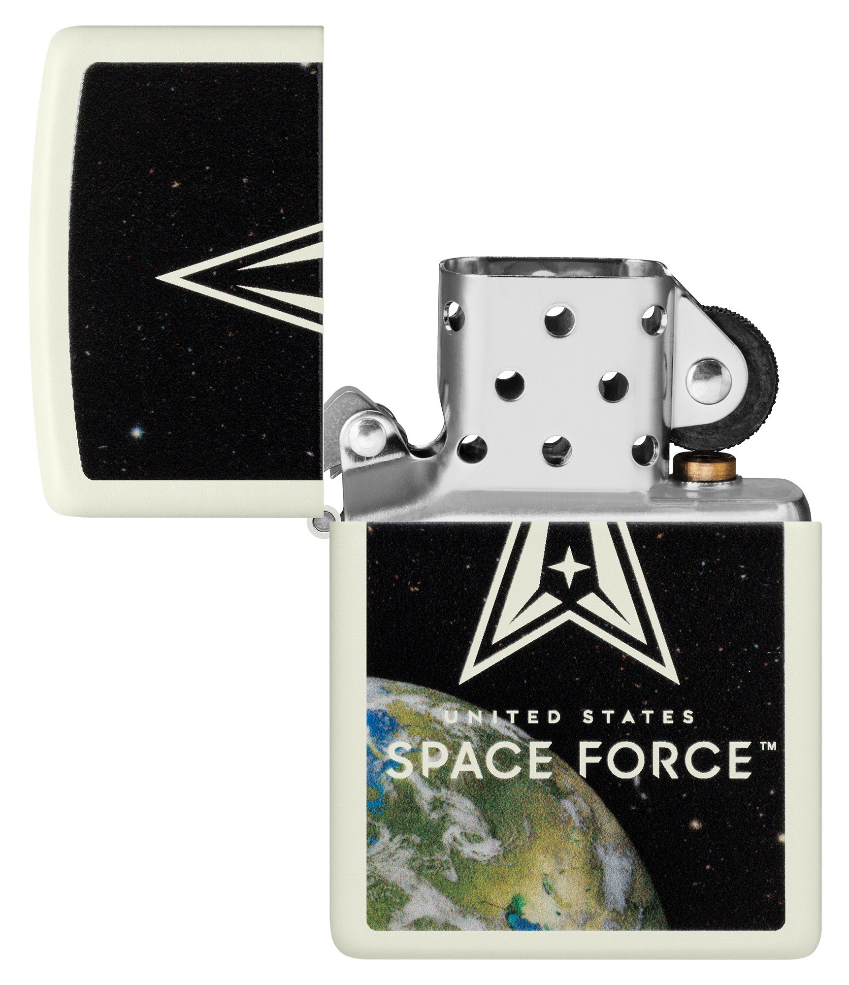 Zippo U.S. Space Forceâ„¢ Glow in the Dark Windproof Lighter with its lid open and unlit.