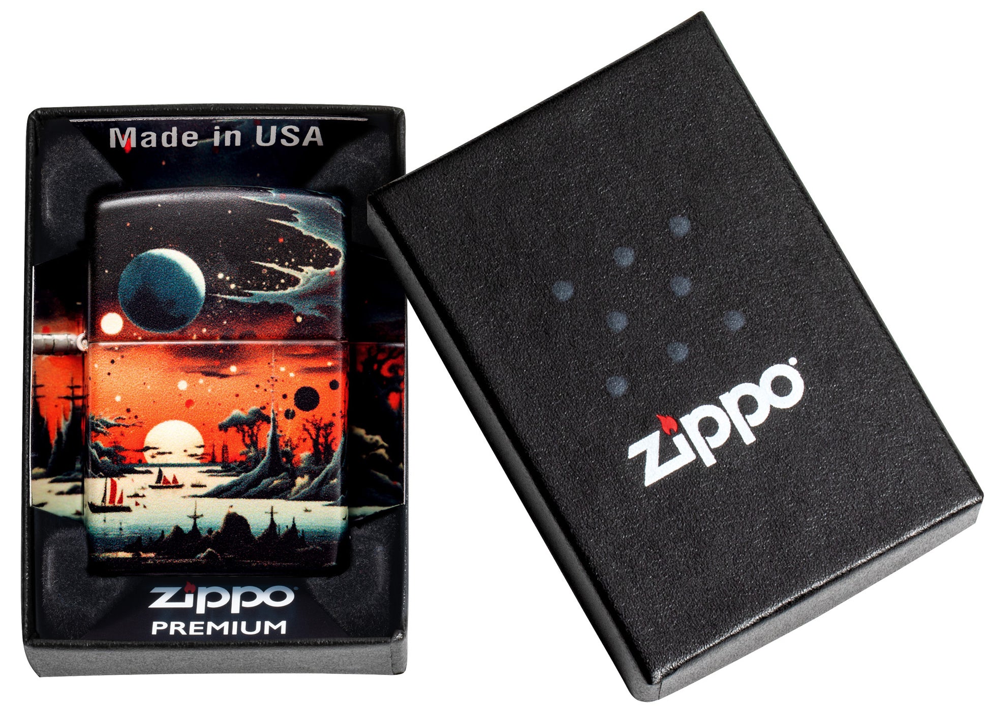 Zippo Galactic Landscape Design 540 Matte Windproof Lighter in its packaging.