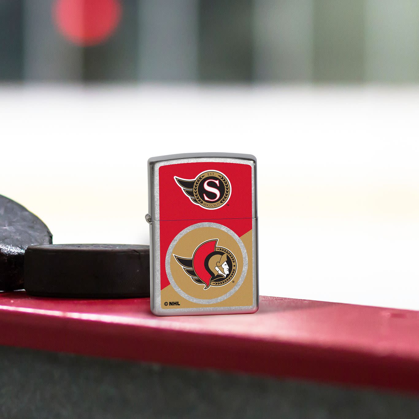 Front view of Zippo NHL® Ottawa Senators® 2024 Street Chrome™ Windproof Lighter.