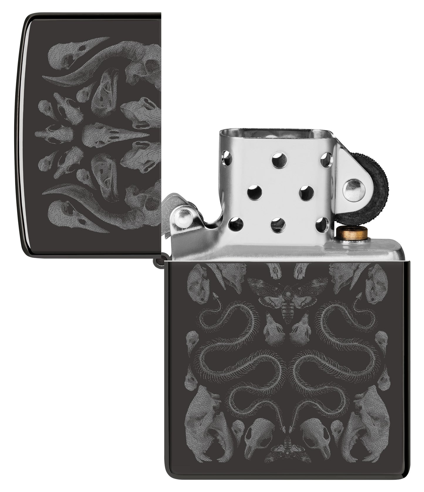 Zippo Bone Mosaic Design Ebony Windproof Lighter with its lid open and unlit.