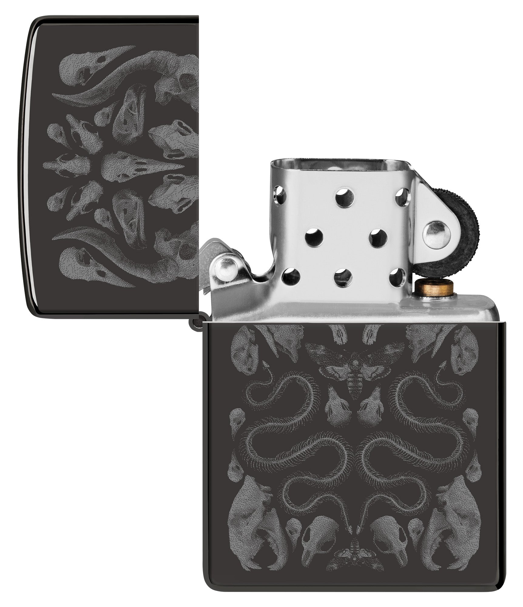 Zippo Bone Mosaic Design Ebony Windproof Lighter with its lid open and unlit.