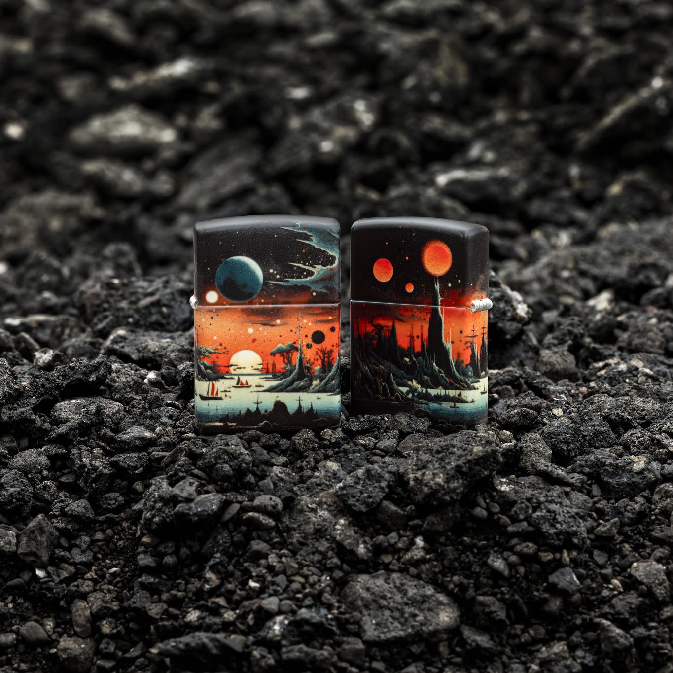 Lifestyle image of two Zippo Galactic Landscape Design 540 Matte Windproof Lighters standing on dark, loose rocks.
