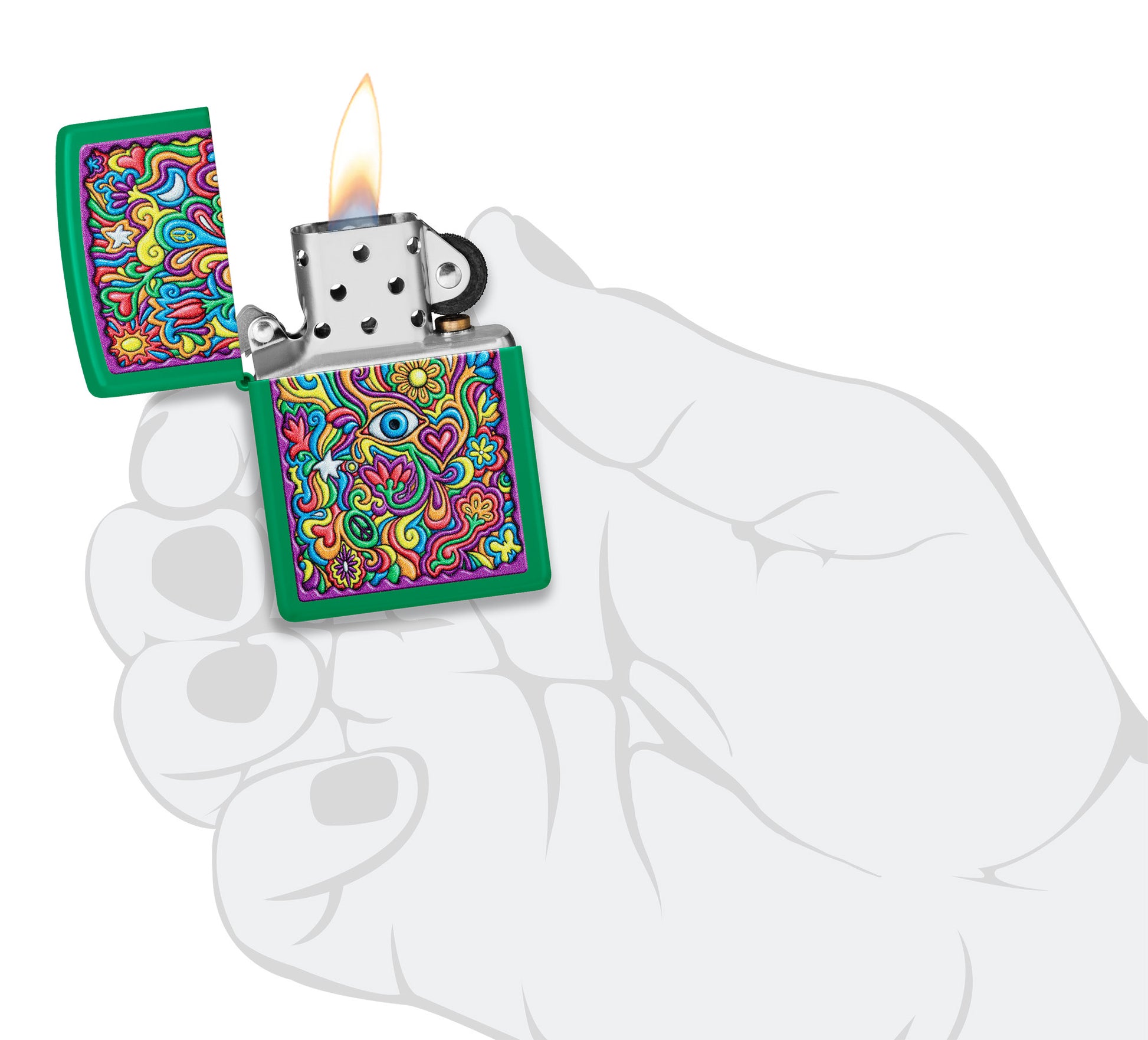 Zippo Trippy Design Grass Green Matte Windproof Lighter lit in hand.