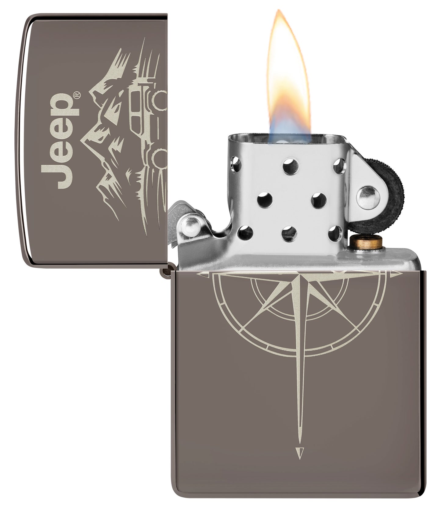 Zippo Jeep® Wilderness Design Black Ice Windproof Lighter with its lid open and lit.