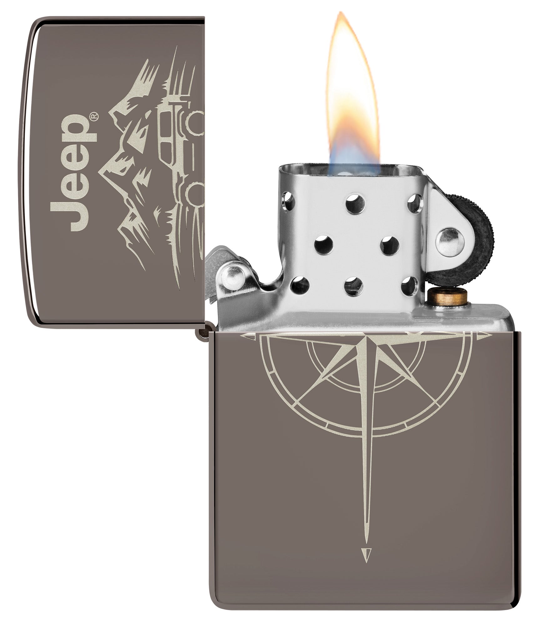Zippo Jeep® Wilderness Design Black Ice Windproof Lighter with its lid open and lit.
