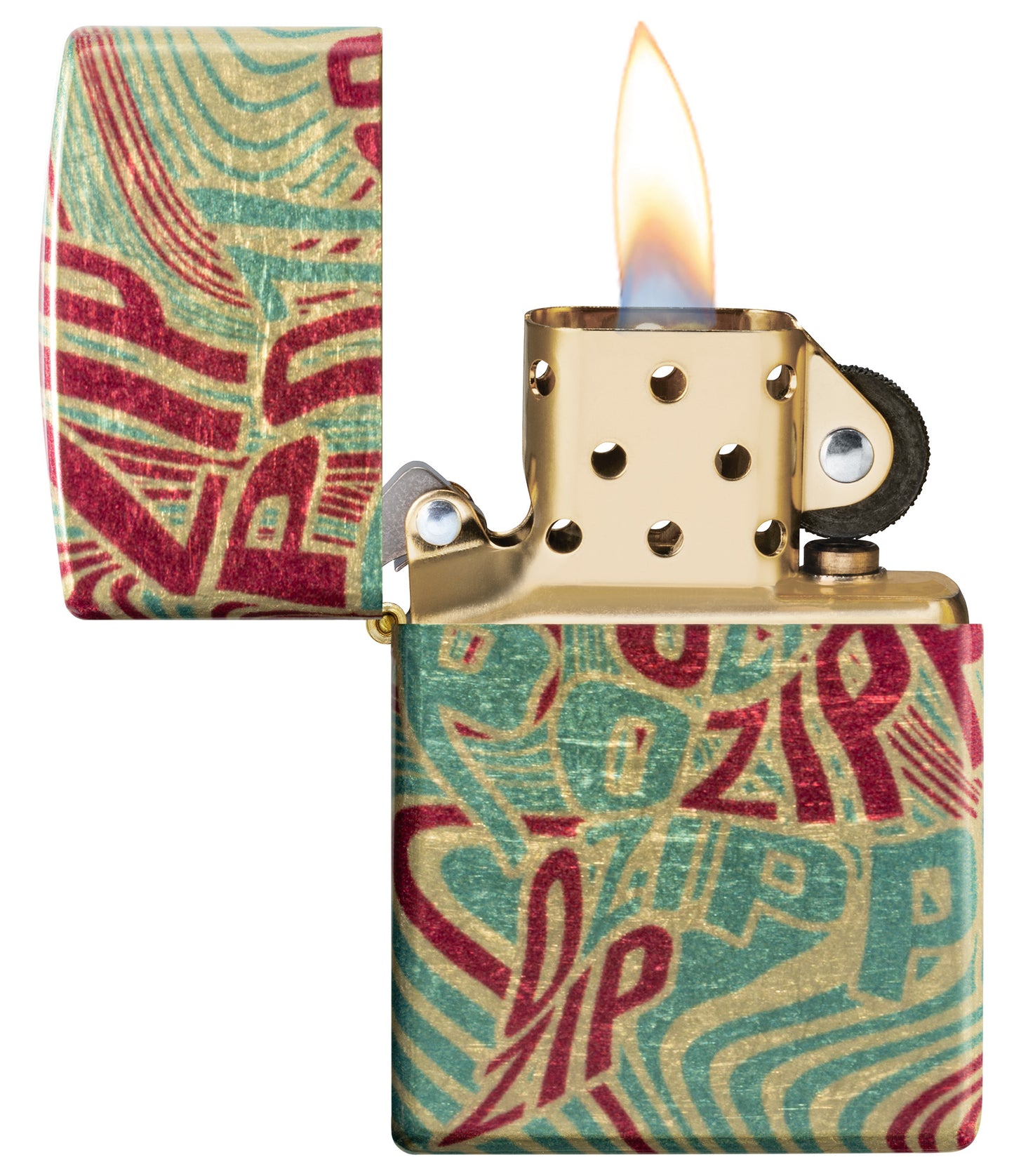 Zippo Zag Design 540 Tumbled Brass Windproof Lighter with its lid open and lit.
