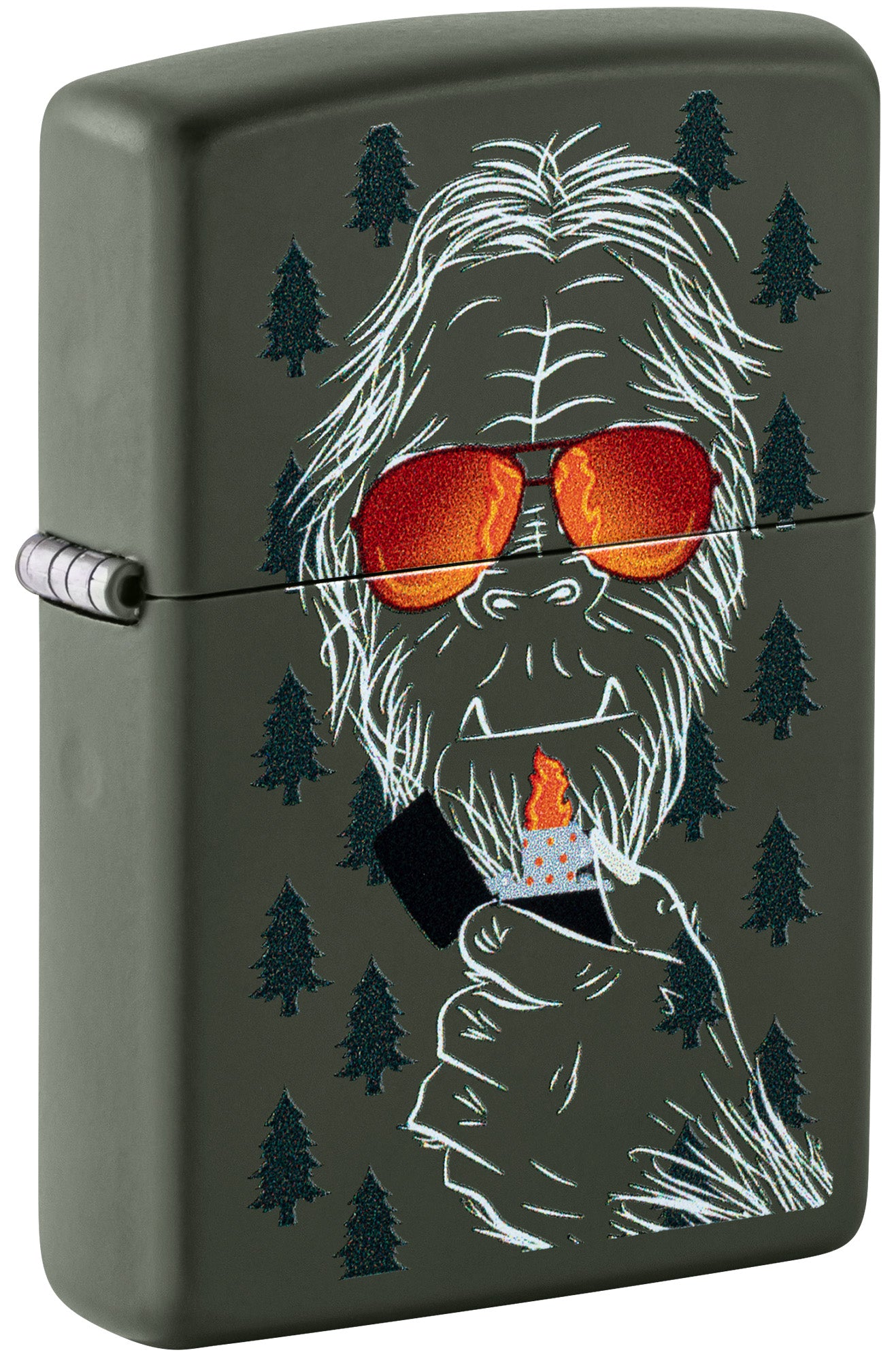 Front shot of Zippo Zipsquatch Design Green Matte Windproof Lighter standing at a 3/4 angle.